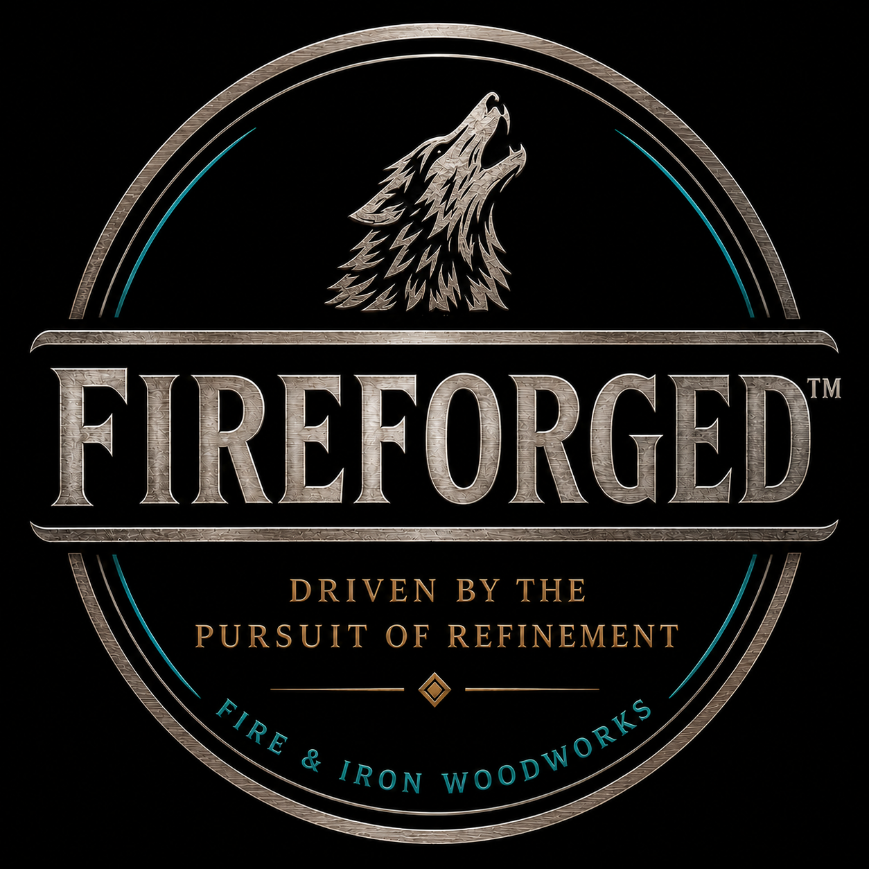 FIREFORGED™ circular hallmark featuring a howling wolf and the words Driven by the Pursuit of Refinement.