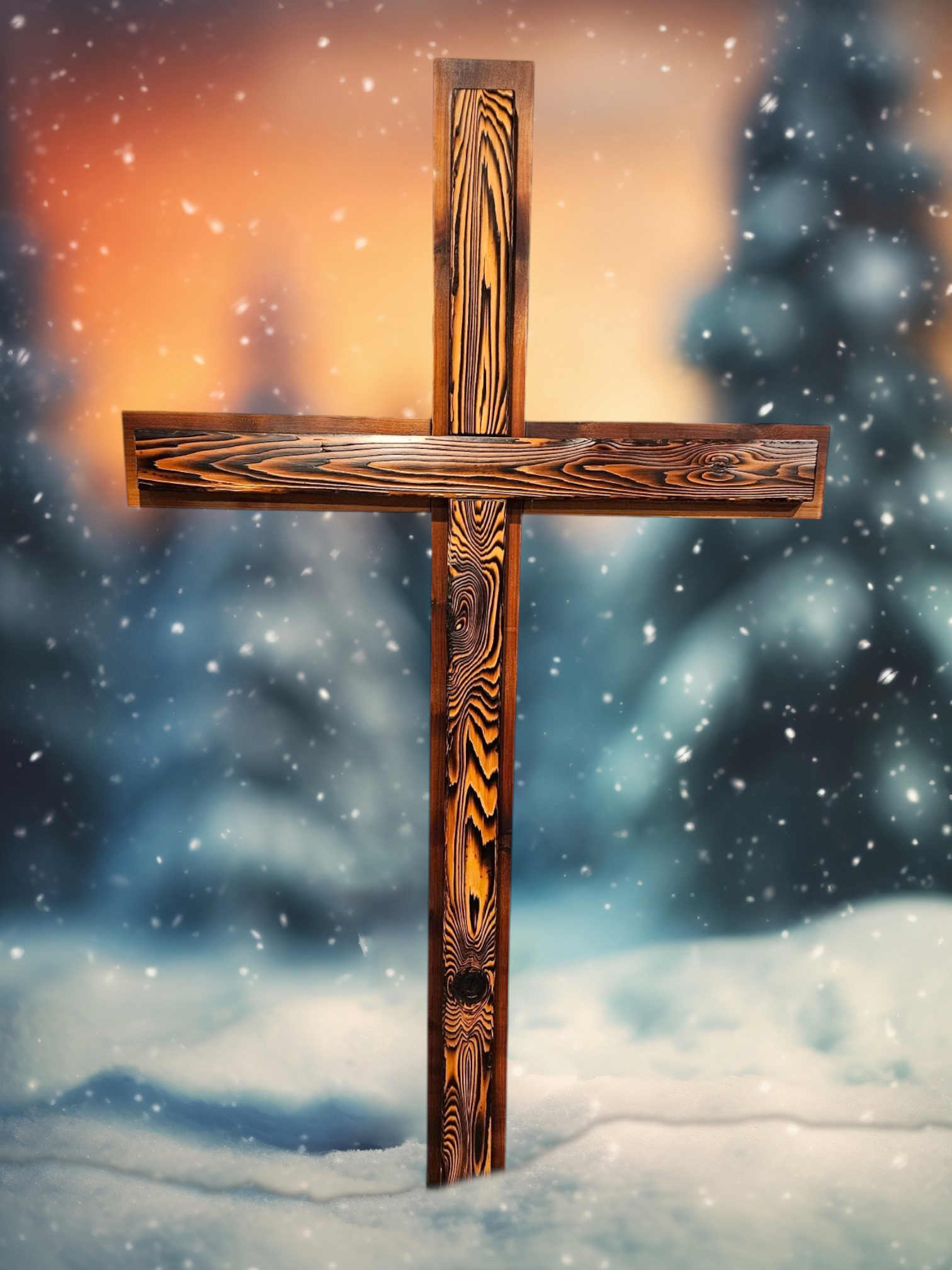 A wooden cross stands in the snow with a blurred background of a snowy landscape and falling snowflakes.