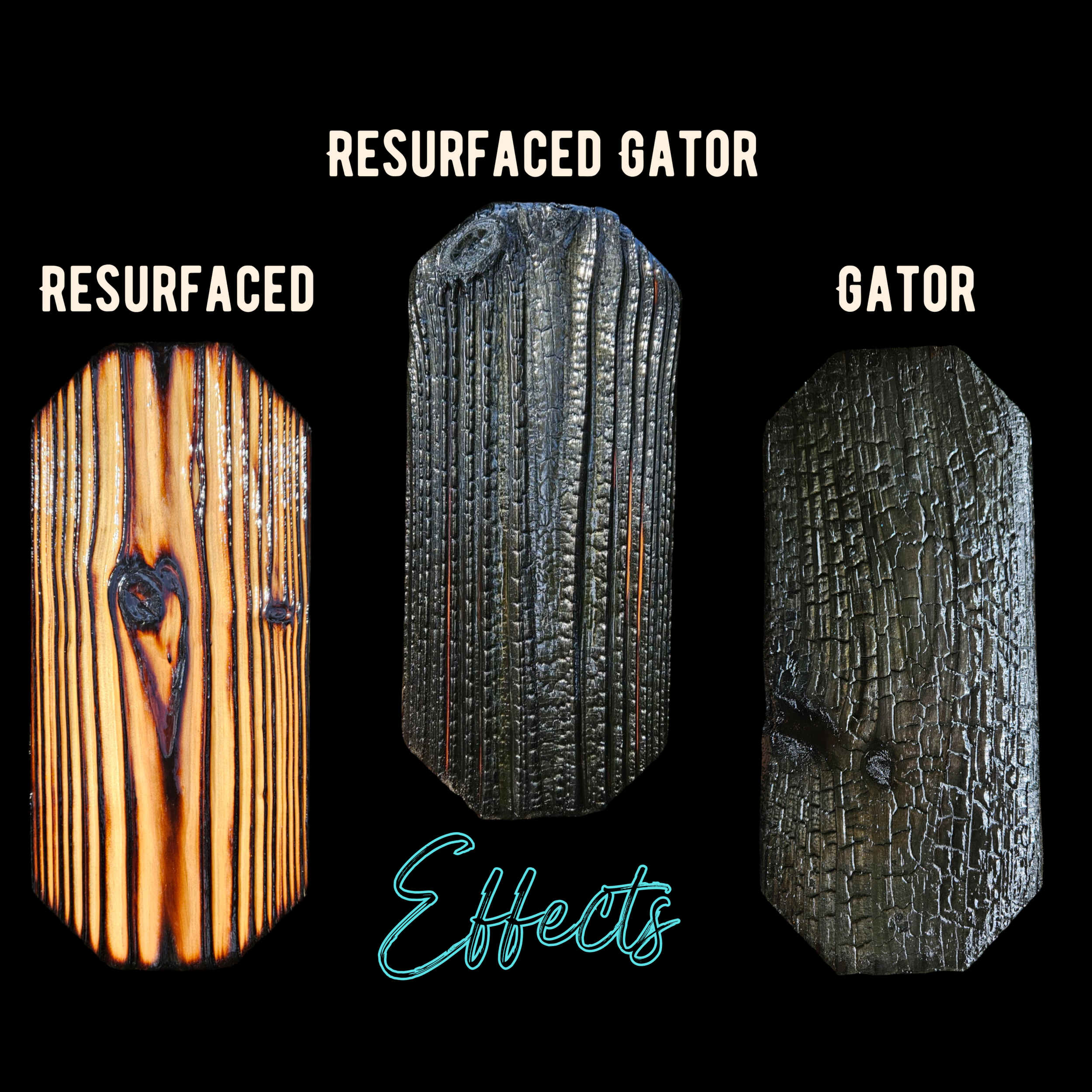 Close-up of a neon sign with the words 'Resurfaced Gator' and 'Effects' on a black background, featuring textured gator skin patterns in orange, black, and gray.