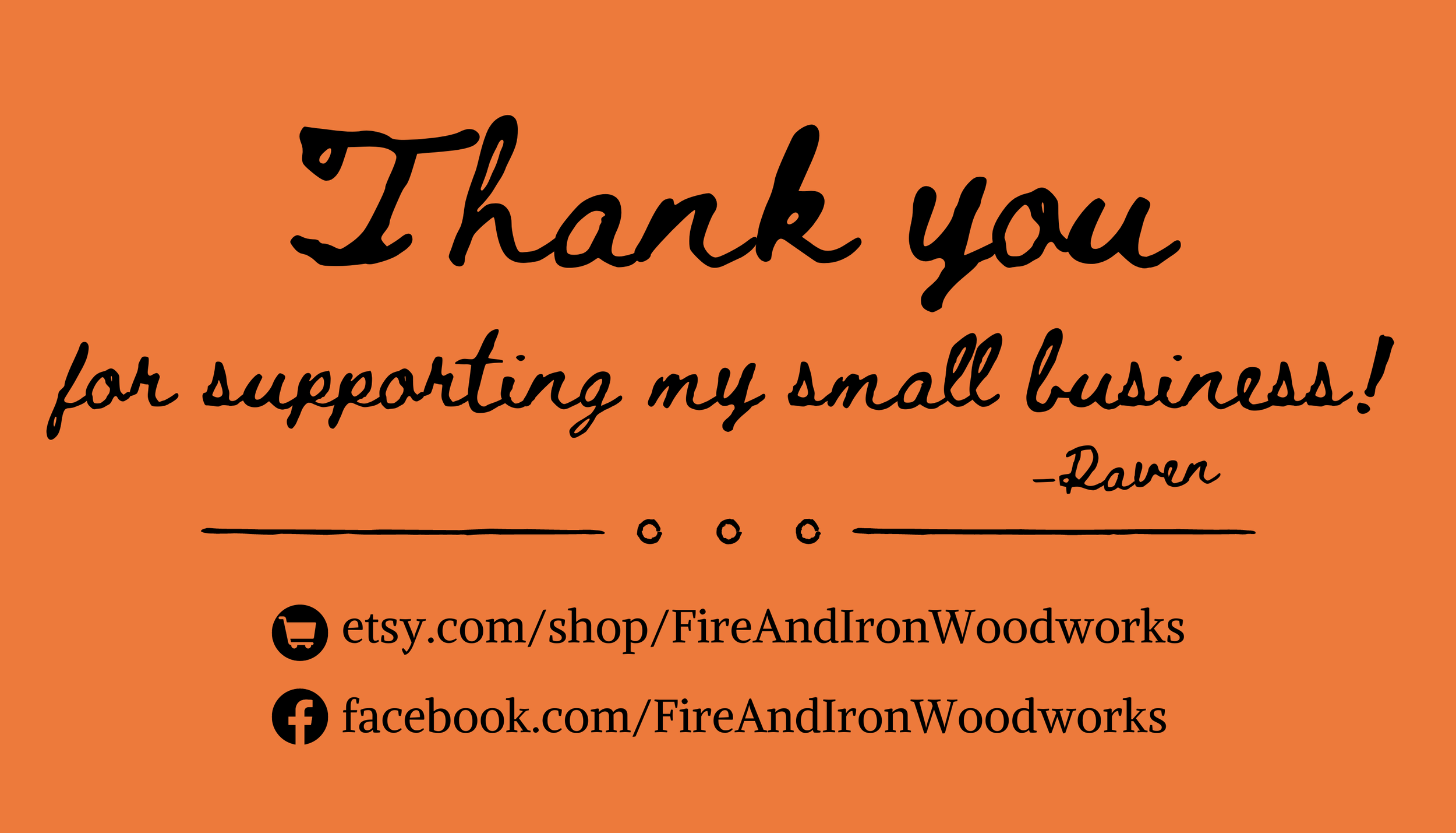 A thank you message on an orange background expressing gratitude for supporting a small business, with social media and shop links.