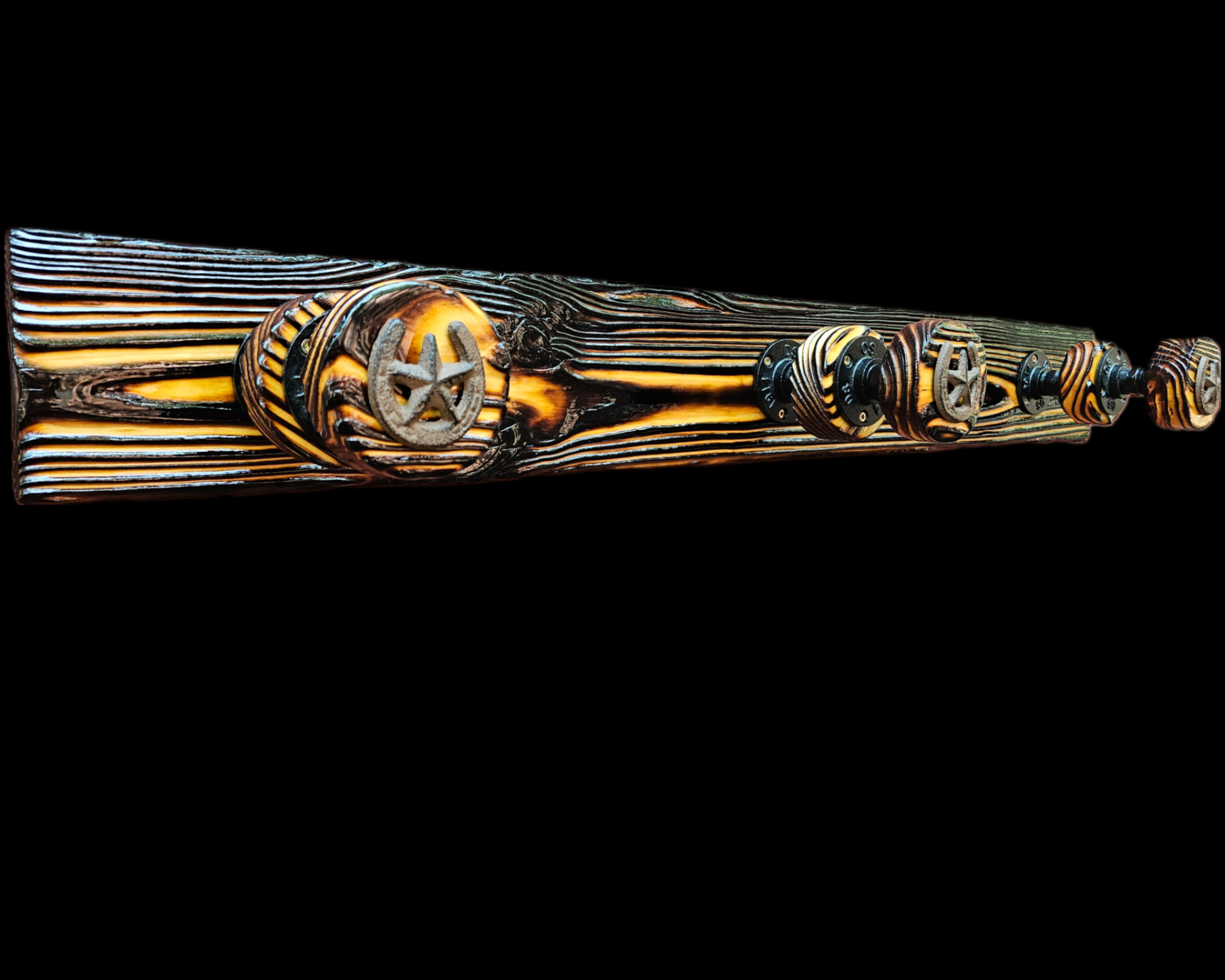 A close-up photo of a traditional carved and painted wooden cane with ornamental metal accents, set against a black background.
