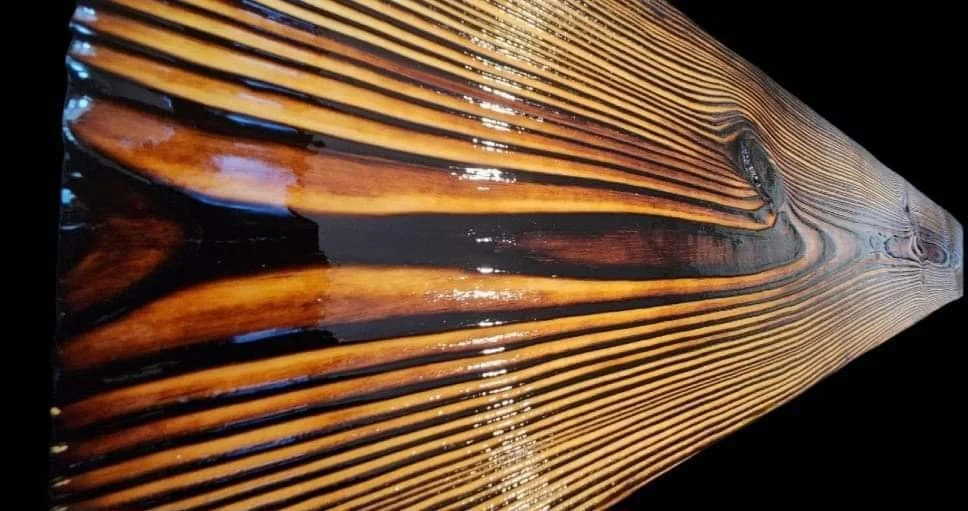 Close-up view of wet wooden planks, possibly part of a boat or dock, highlighting the grain and glossy surface.