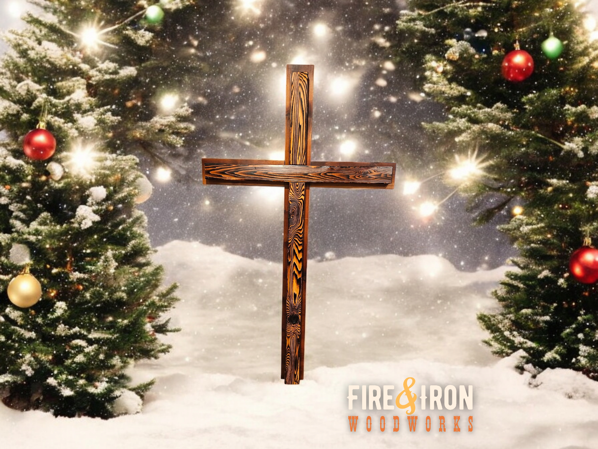 A wooden cross standing in a snowy forest between two decorated Christmas trees with red and gold ornaments and snow-covered branches, illuminated by bright lights, with the words "Fire & Iron Woodworks" in the bottom right corner.