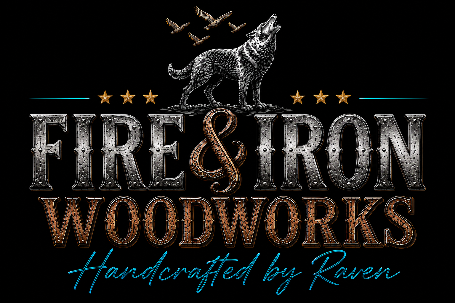 Fire & Iron Woodworks logo featuring a howling wolf, four birds, and the Handcrafted by Raven signature.