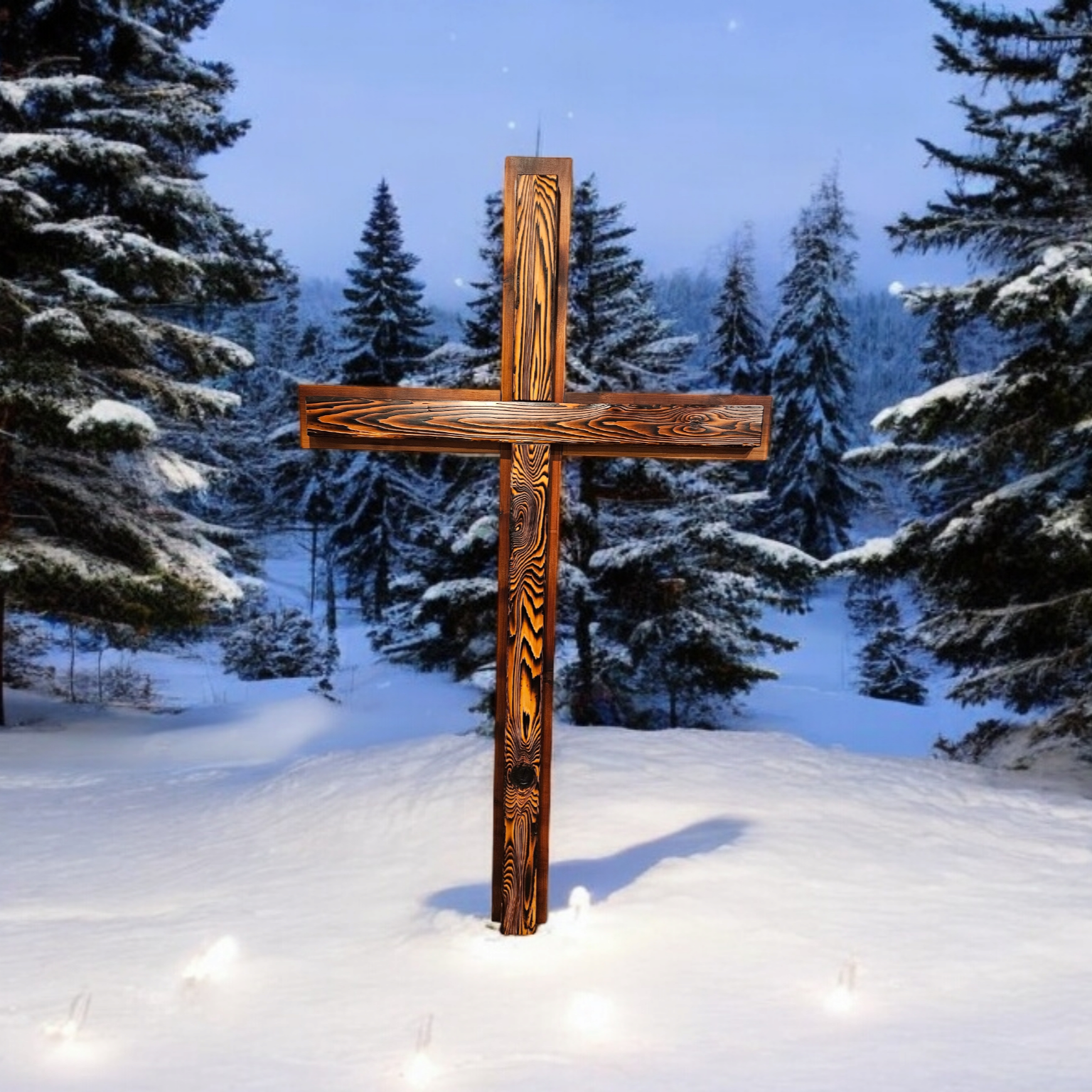 A wooden cross stands in snow-covered landscape surrounded by snow-laden pine trees with a blue sky and distant snowy forest.