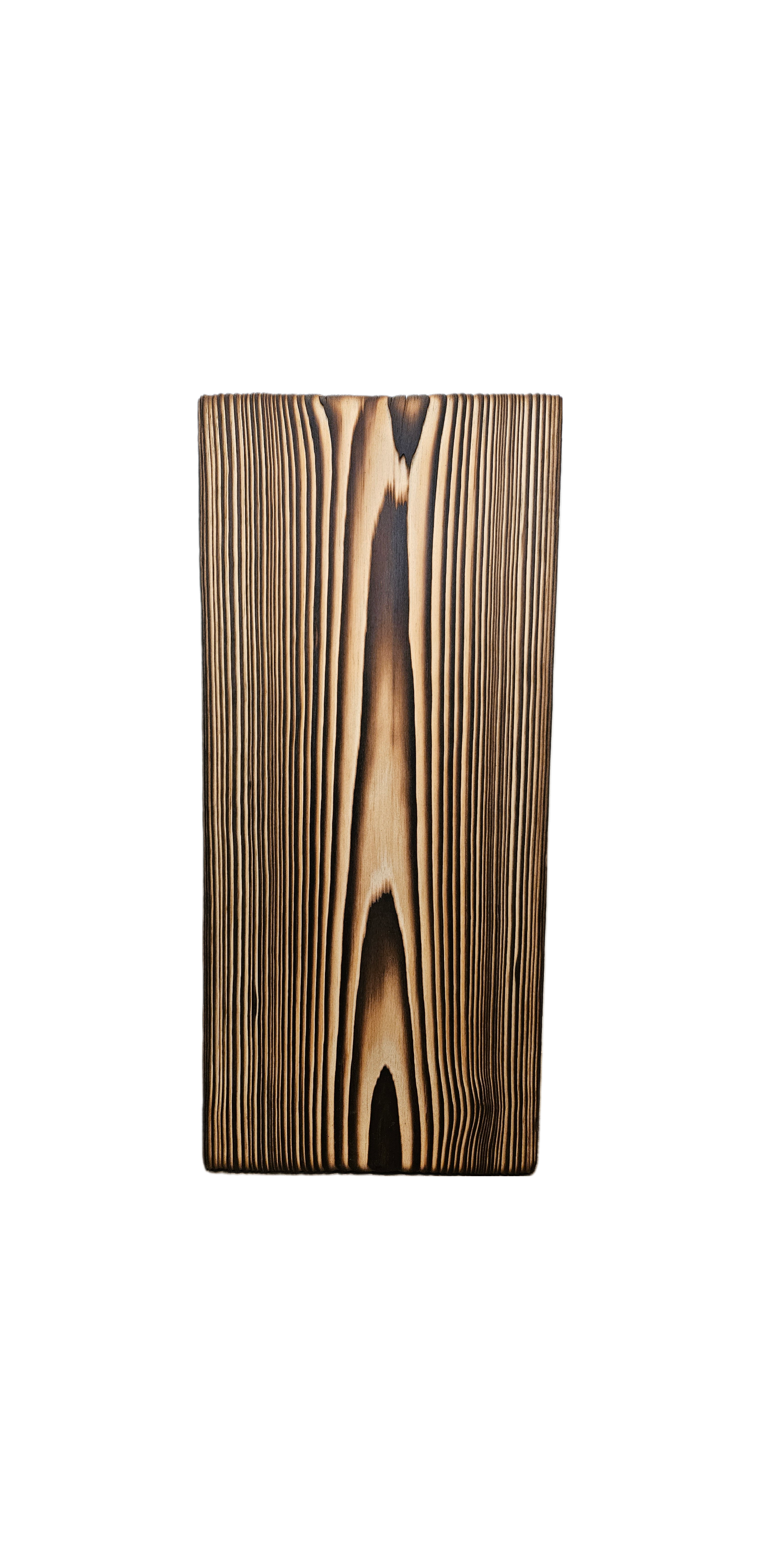 Close-up of a vertical piece of wood with distinctive grain patterns and dark accents.