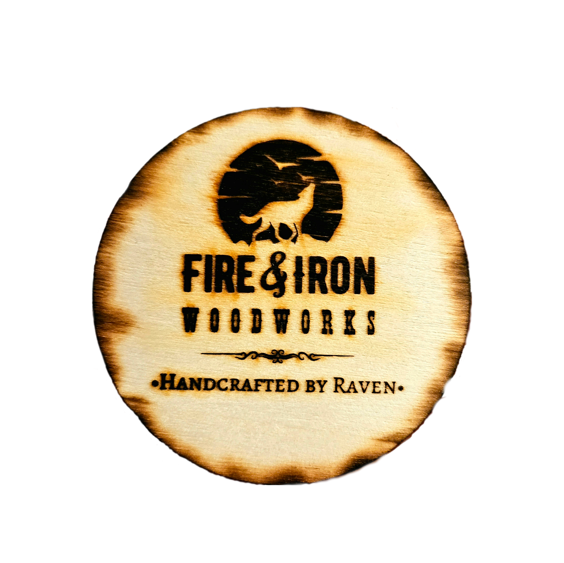 Wooden sign with black silhouette of a dinosaur and text reading 'Fire & Iron, Tools, Handcrafted by Raven'.
