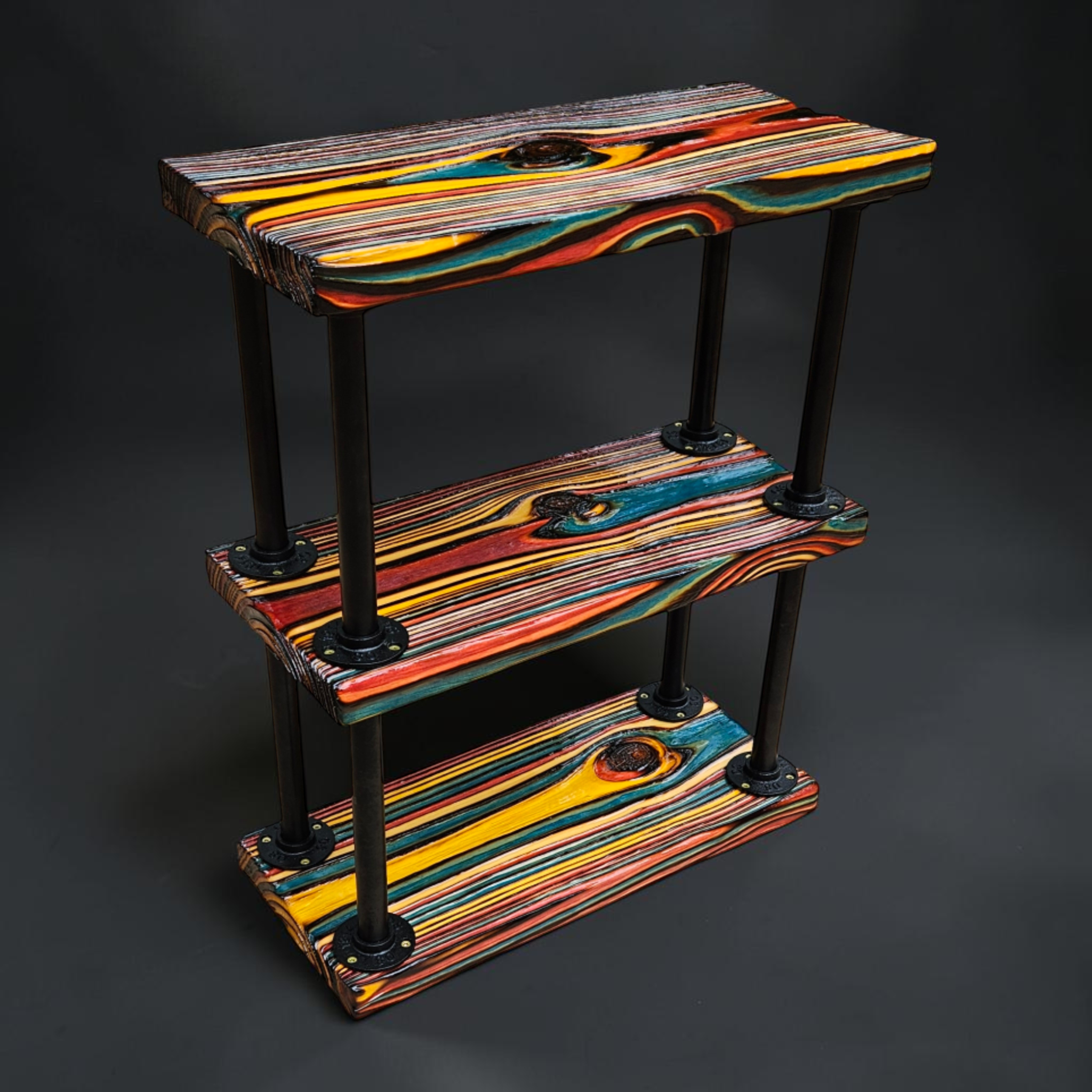 Angled view of the FireCandy™ Custom Mini Shelf showing its three colorful tiers.