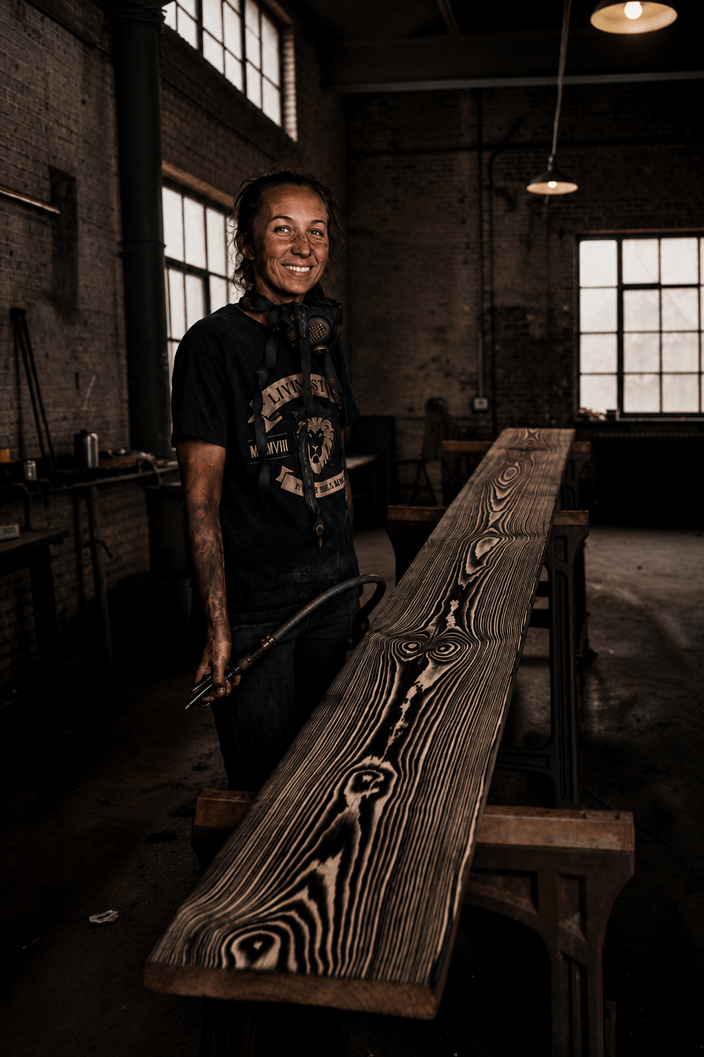 Raven Eaton smiling in her workshop, where she creates FireForged™ woodwork by hand.