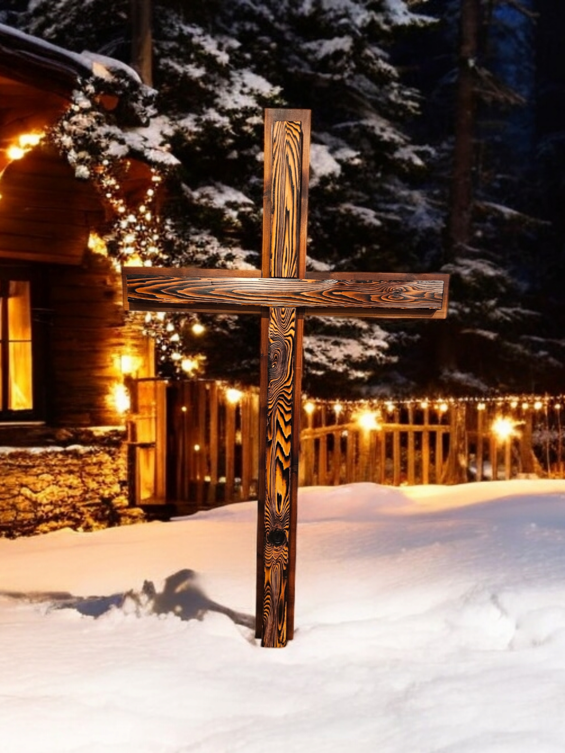 A wooden cross standing in snow outside a warmly lit cabin at night, with snow-covered trees and string lights in the background.