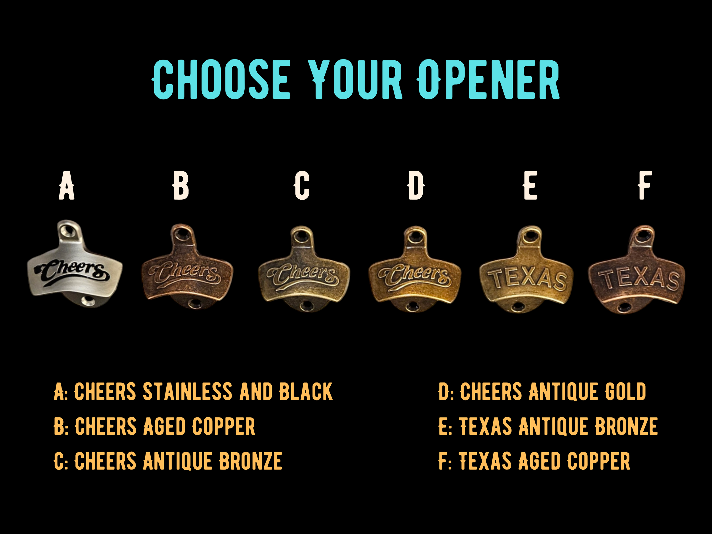 Image of various bottle openers with different finishes and designs, labeled from A to F, with a title 'Choose Your Opener' and description explaining the finishes and materials of each type.