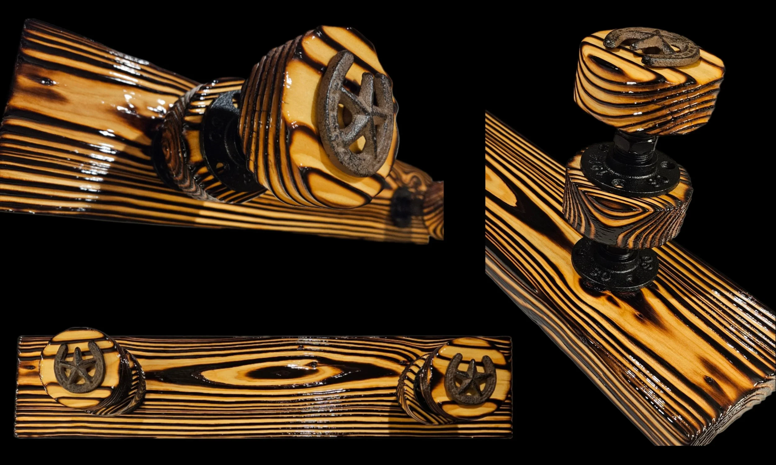 A chess piece resembling a rook with a wood grain pattern and black circular accents, decorated with small toy car wheels on top, against a black background.