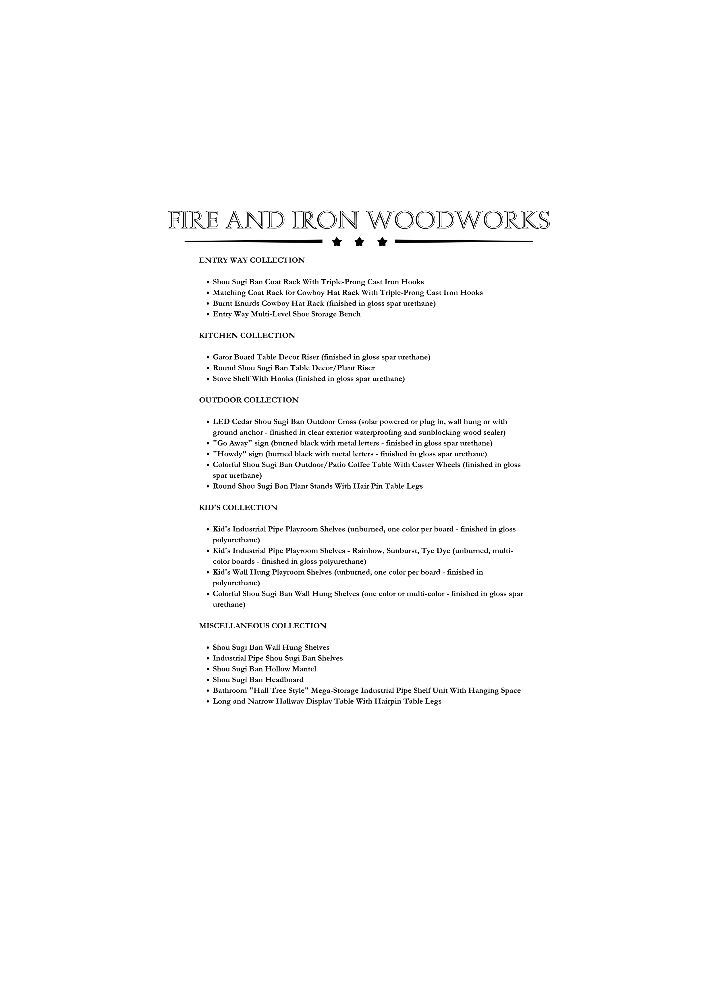 Document listing various collections of fire and iron woodworks, kitchen, outdoor, kid's, and miscellaneous items, with descriptions of each product.