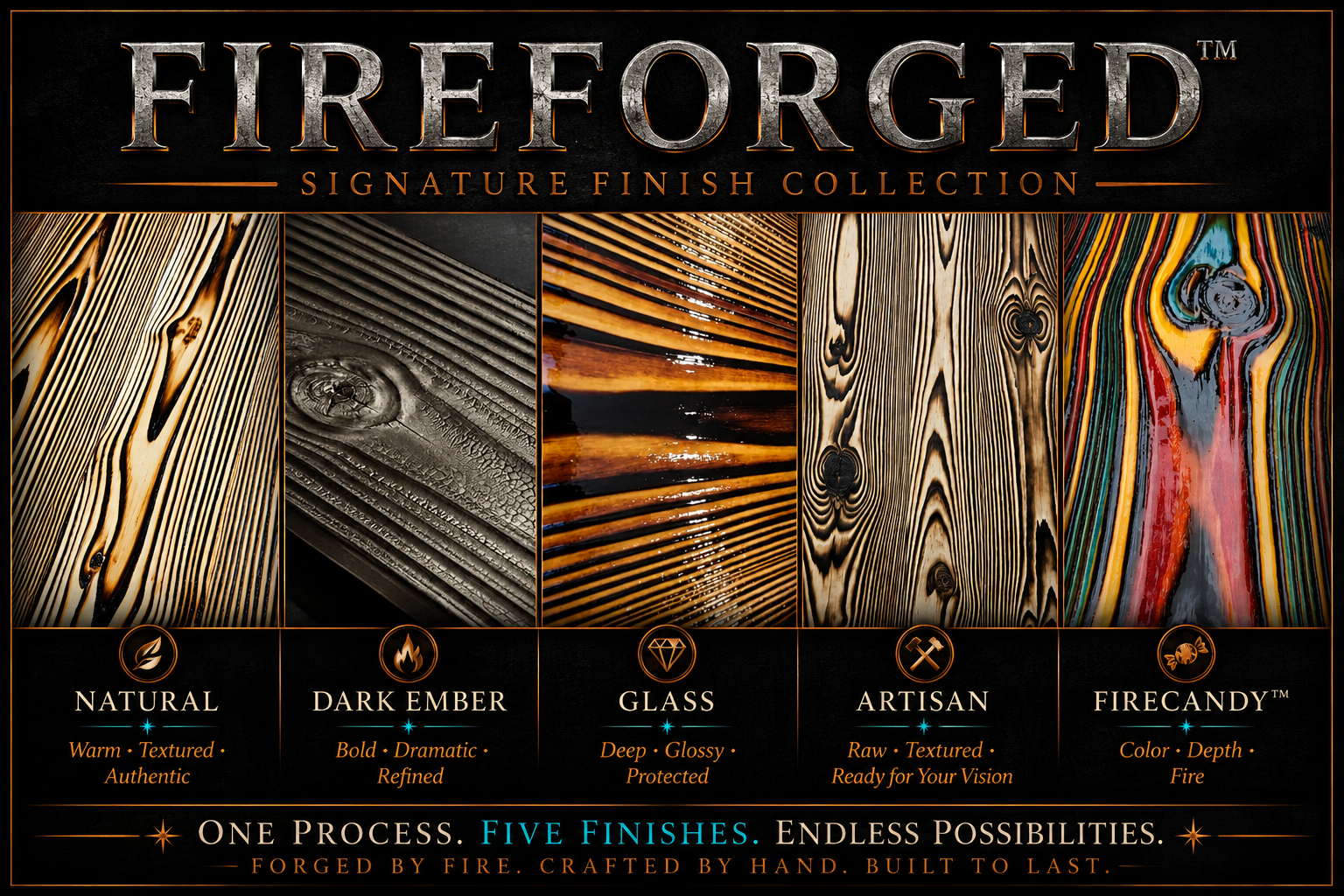 FireForged™ Signature Finish Collection showing Natural, Dark Ember, Glass, Artisan, and FireCandy™ finishes.
