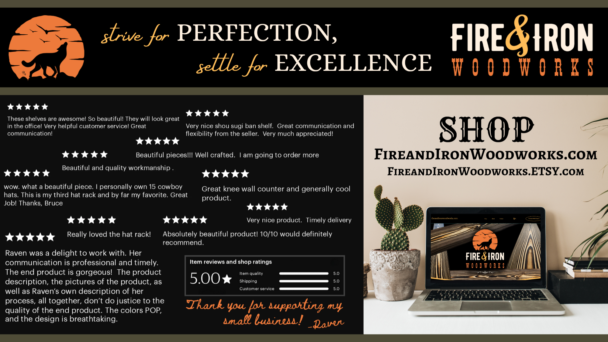 An advertisement for Fire & Iron Woodworks featuring customer reviews, website links, potted cacti, and a laptop displaying the company's website.