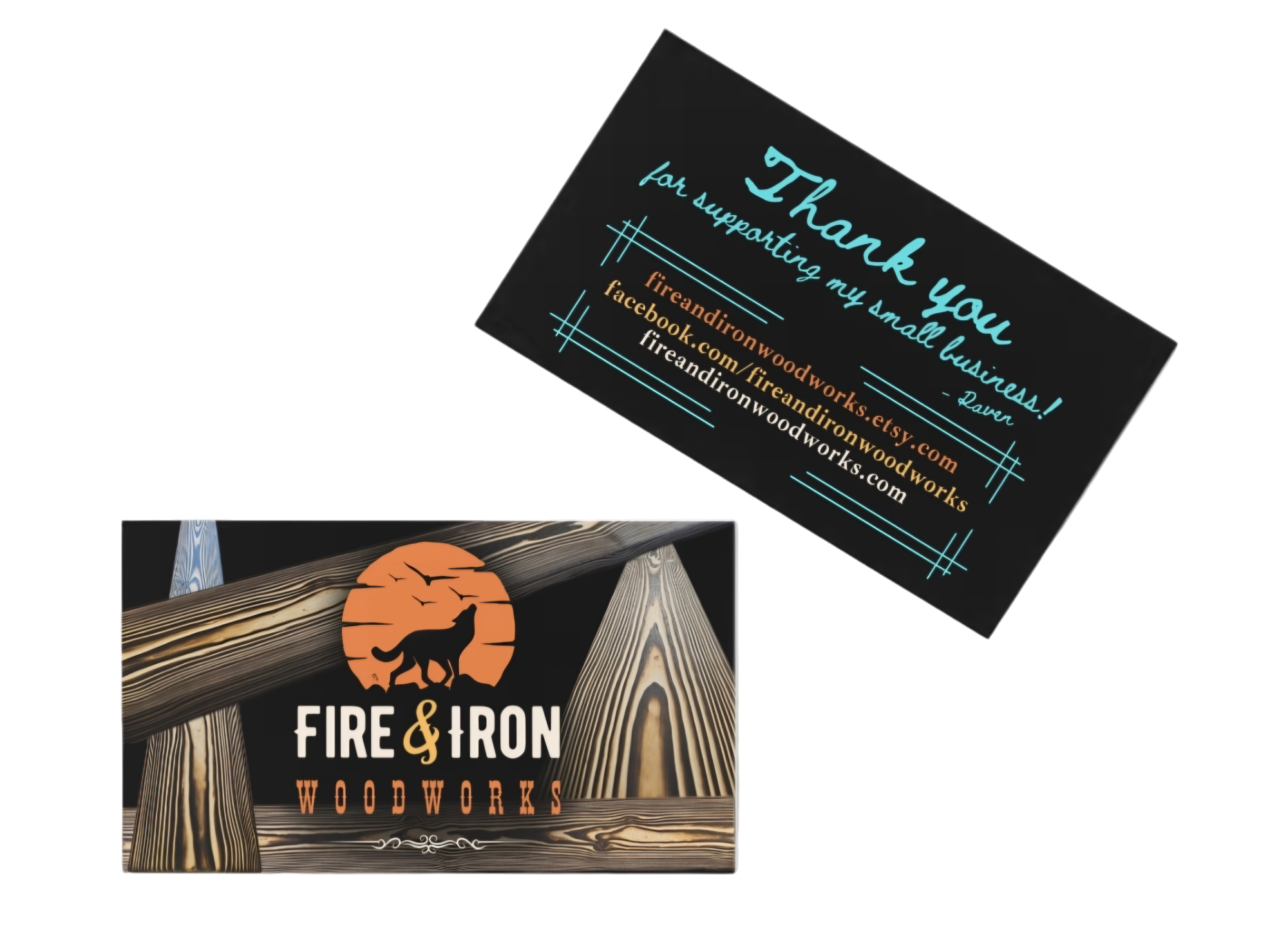 A business card featuring contact information for fire and small business support, with teal, orange, and white text on a black background.