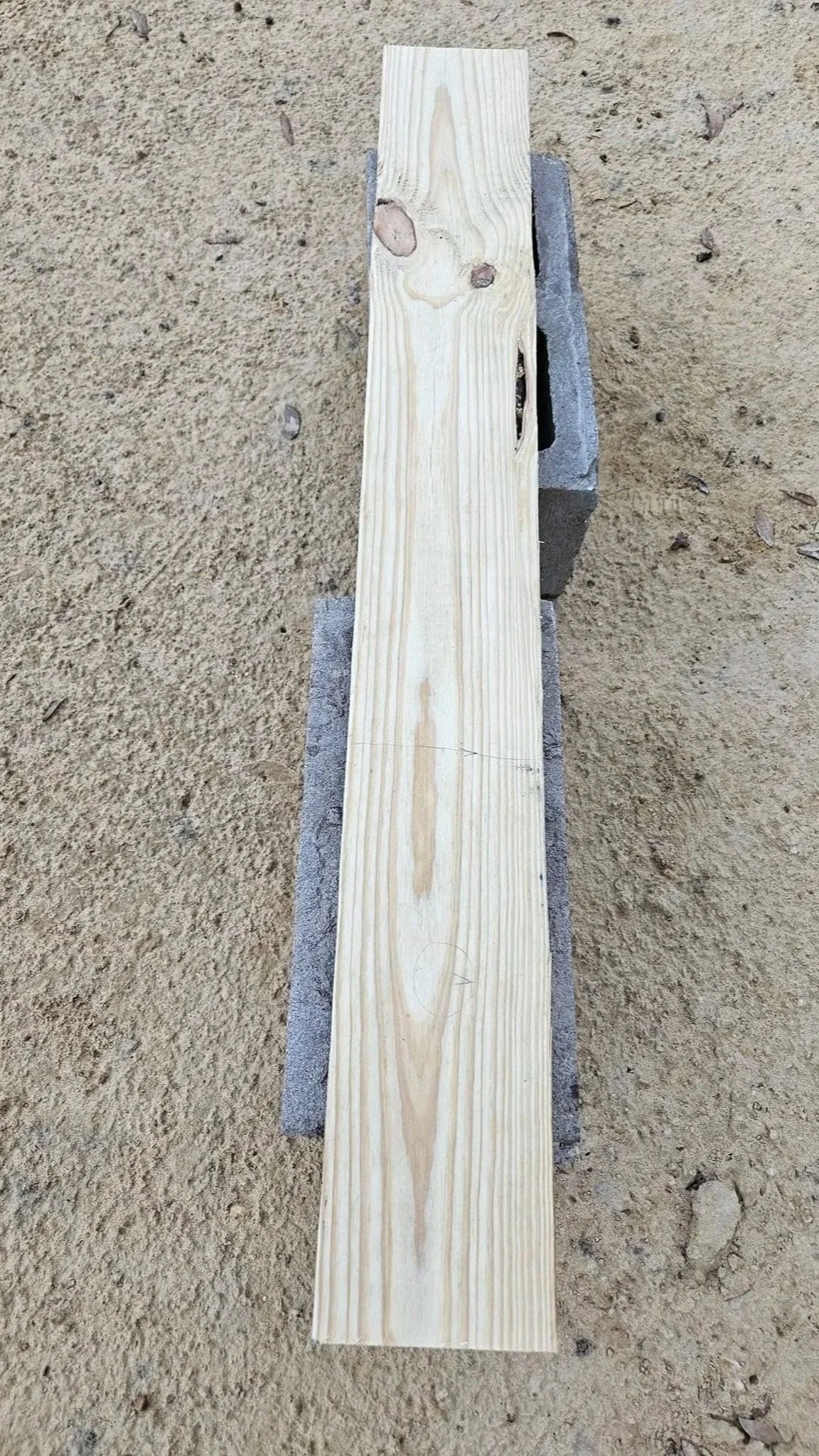 Long wood plank resting on concrete blocks outdoors before the FireForged™ process.