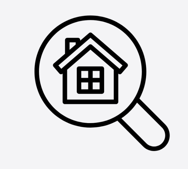 Magnifying glass over house icon, representing real estate search or home inspection.