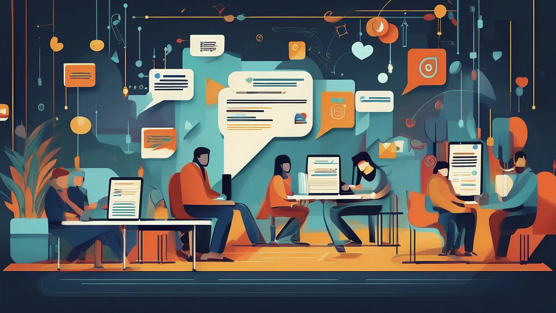 Abstract illustration of people working at desks with computers and speech bubbles conveying communication and collaboration.