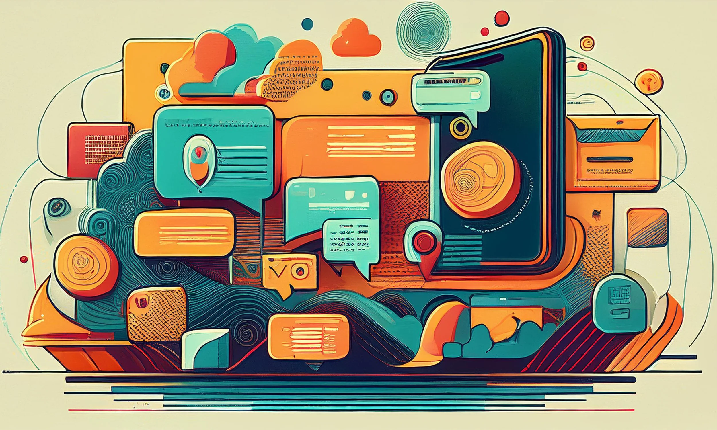 Abstract illustration of communication technology with speech bubbles and geometric shapes in orange and teal colors.