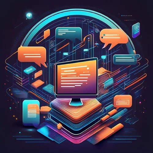 Futuristic digital communication concept art with computer monitor