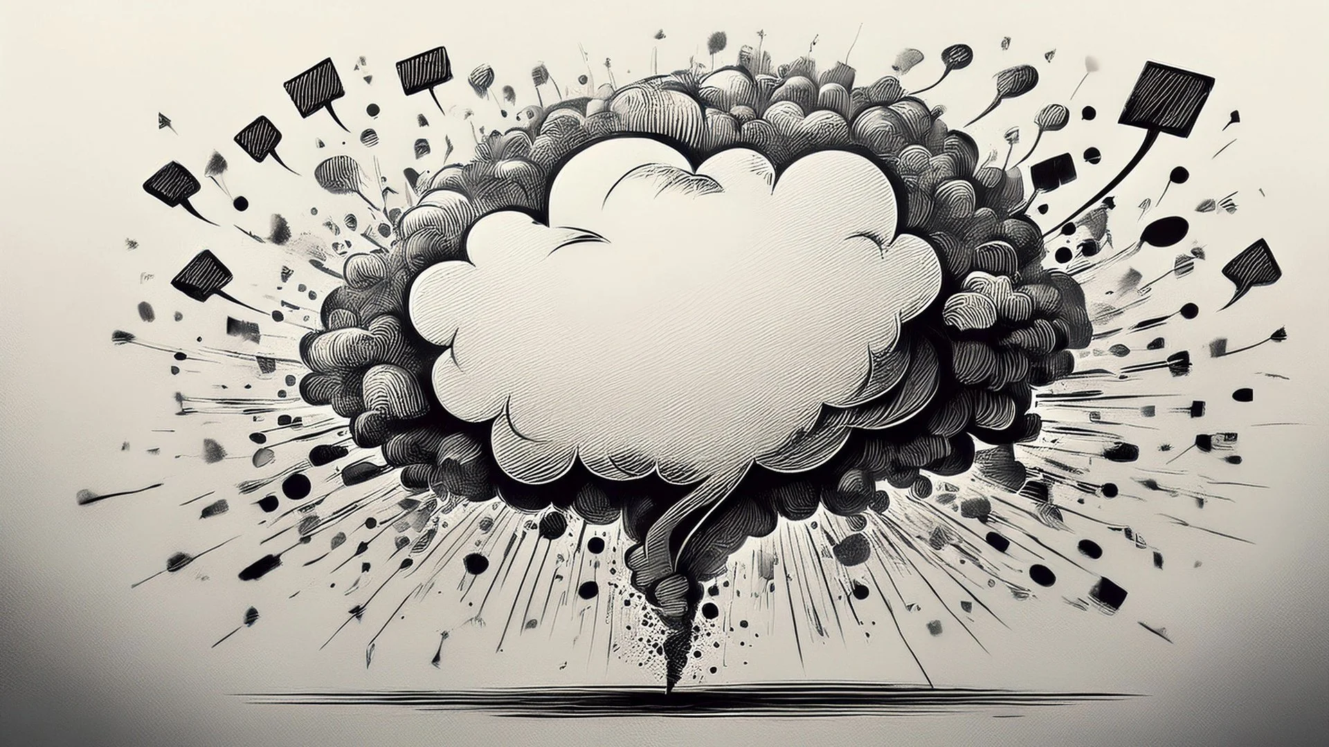 Black and white illustration of an abstract explosion with smoke clouds and speech bubbles.