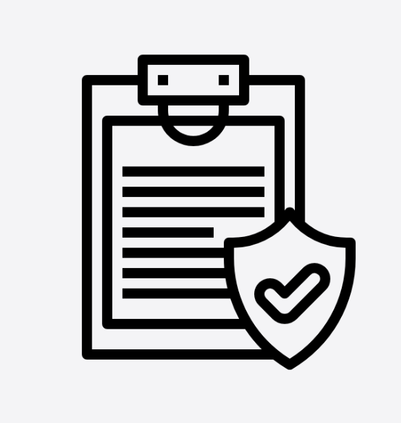 Icon of a clipboard with text lines and a shield with a checkmark.