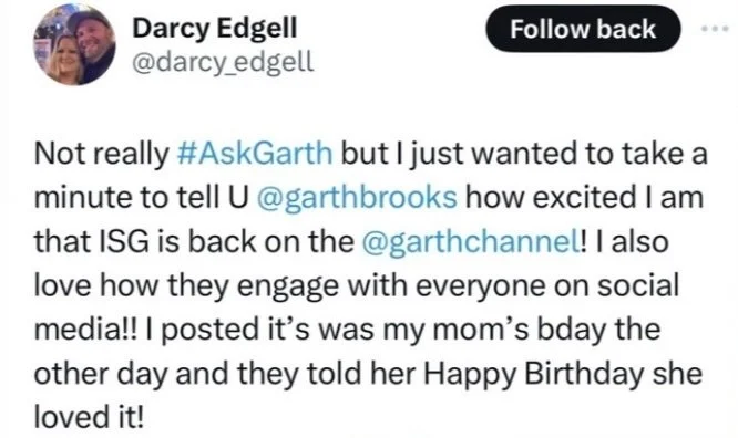 A screenshot of a Twitter post by Darcy Edgell. The post contains a message about their excitement for the ISG back on Garth Brooks' channel and family birthday wishes, with Twitter handles and hashtags included.