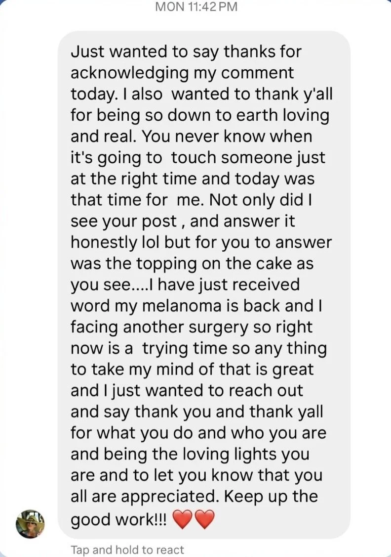 Screenshot of a text message expressing gratitude and encouragement, mentioning appreciation for support during difficult times and recovery from melanoma, with two red heart emojis at the end.