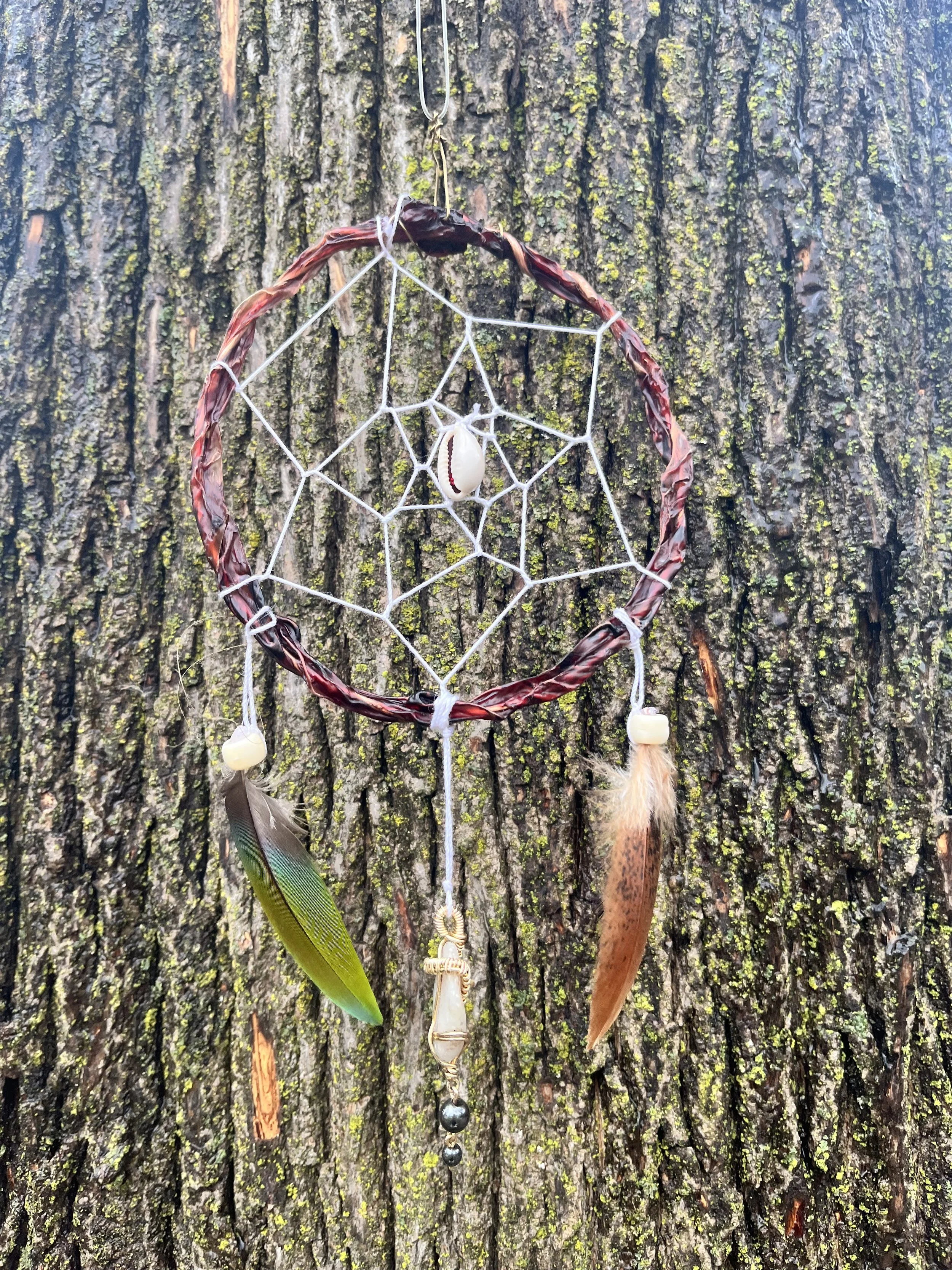 A placenta dreamcatcher with a woven web, hanging on a tree bark, decorated with feathers, beads, and artificial shells made from the umbilical cord of a newborn baby