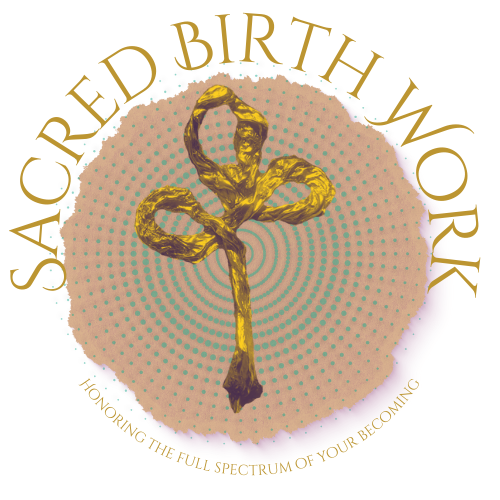 Design for Sacred Birth Work with a gold umbilical cord-like representation of a tree on a patterned background, along with the text "Sacred Birth Work" and "Honoring the full spectrum of your becoming".