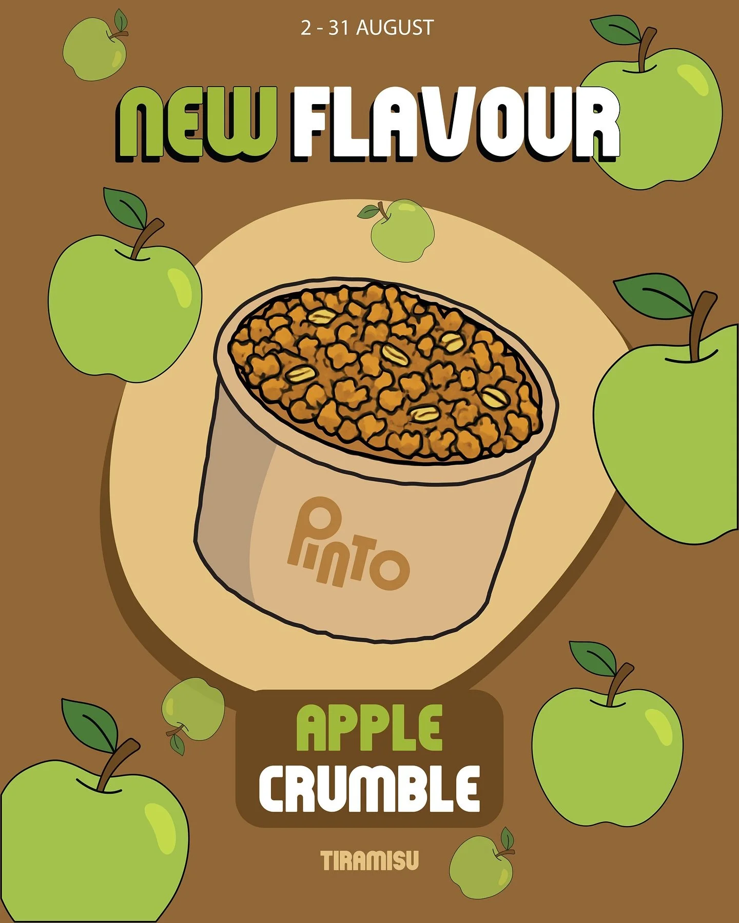 New Flavour 
Apple crumble tiramisu. 
crème with stewed apple, cinnamon Savoiardi soaked in tea. All topped with a layer of toasty oaty crumble. 
Our take on mums crumble recipe but tiramisu-affied
Come grab a cup this month at the markets!