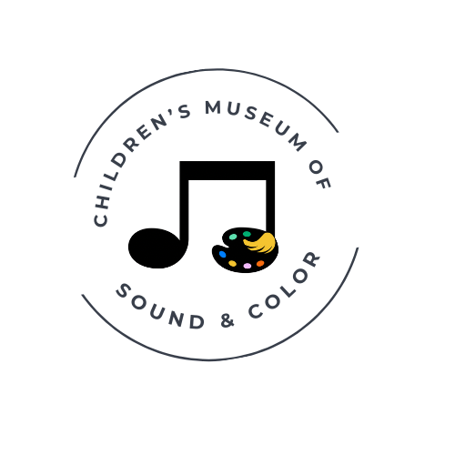 Children's Museum of Sound & Color logo featuring a musical note that becomes a paint brush and paint palette, with colorful dots of paint.