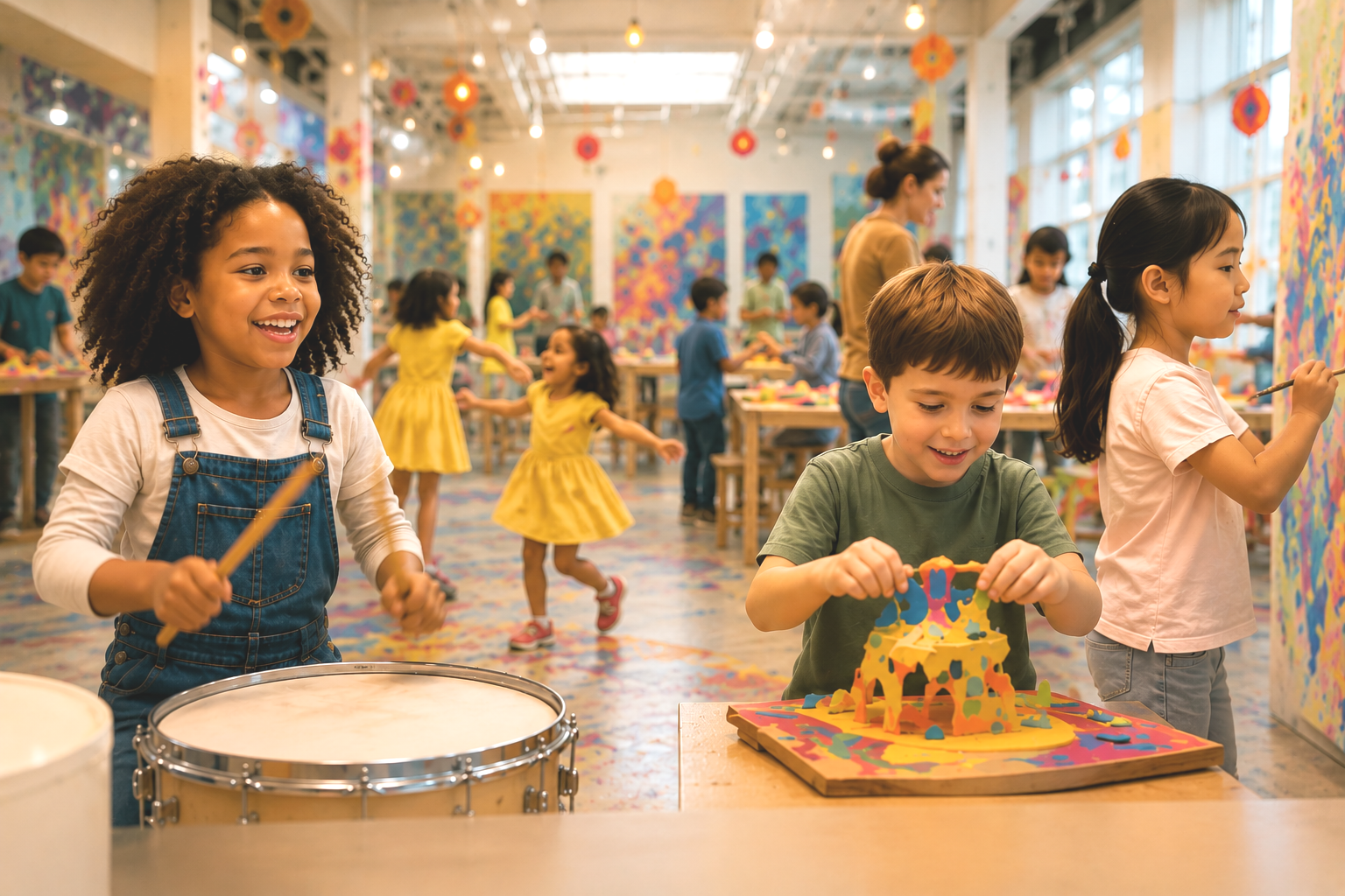 Children playing instruments and creating art in a colorful, open room.