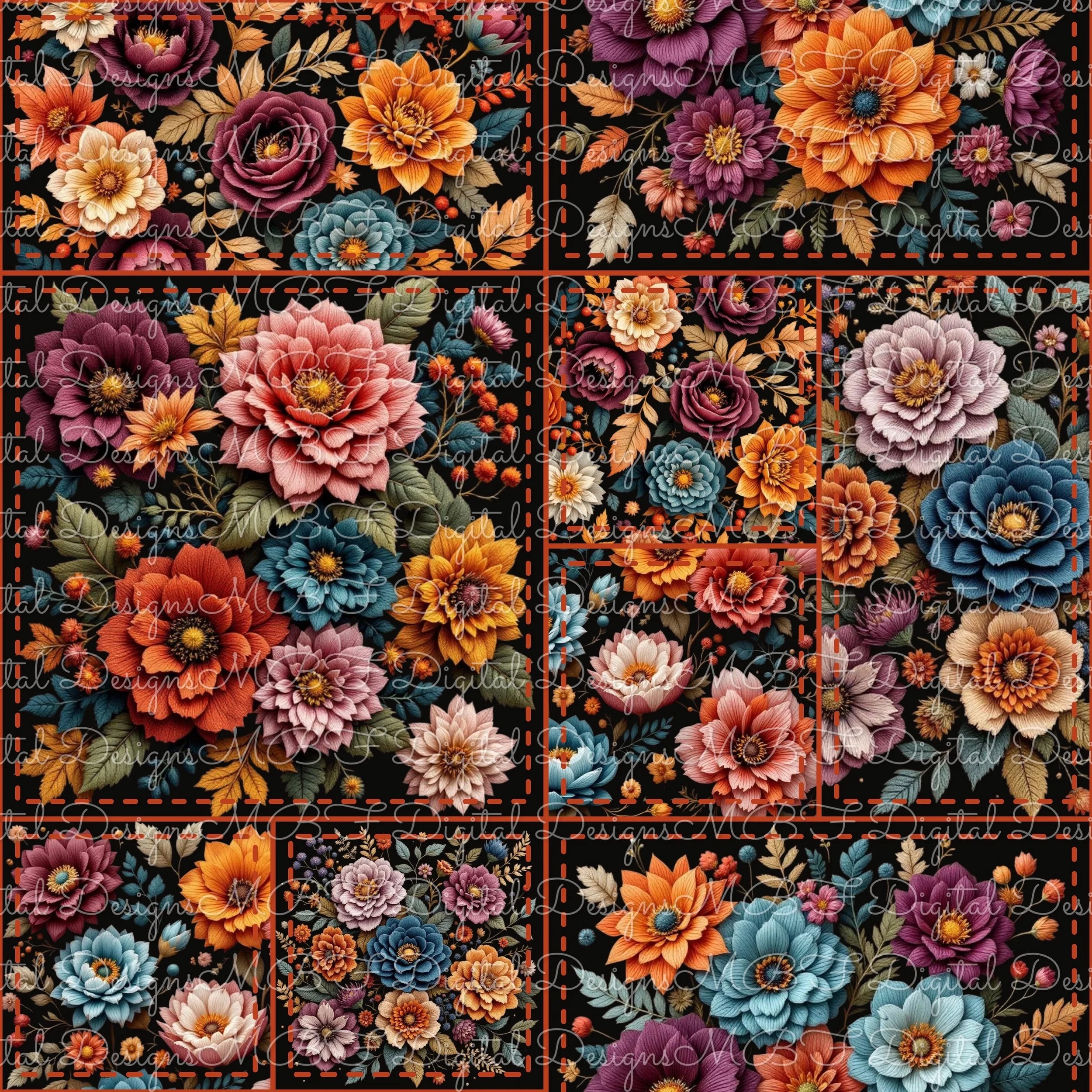 Embroidered Floral Patchwork (deep orange stitches color way)