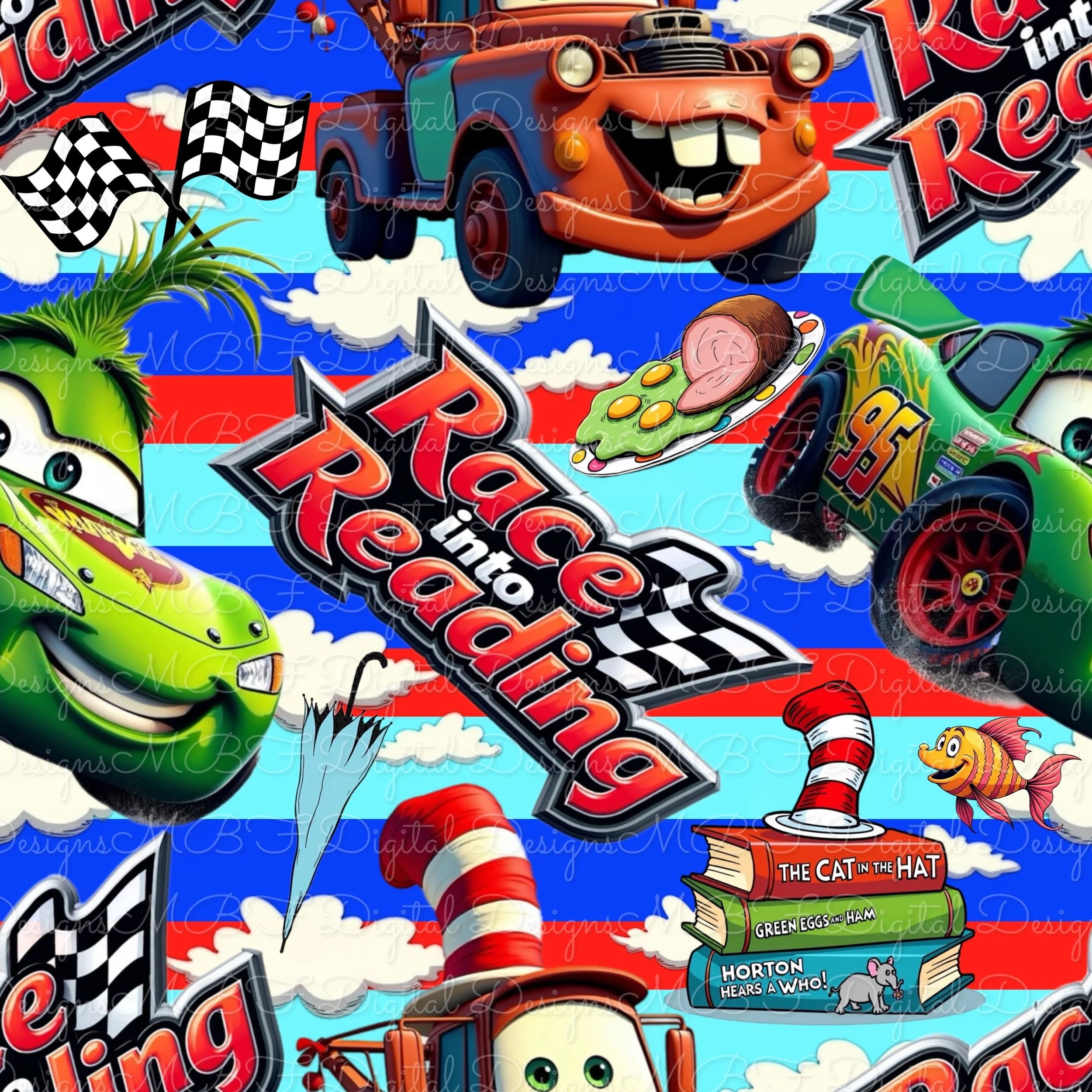 Race Into Reading (Suess stripes and clouds color way)