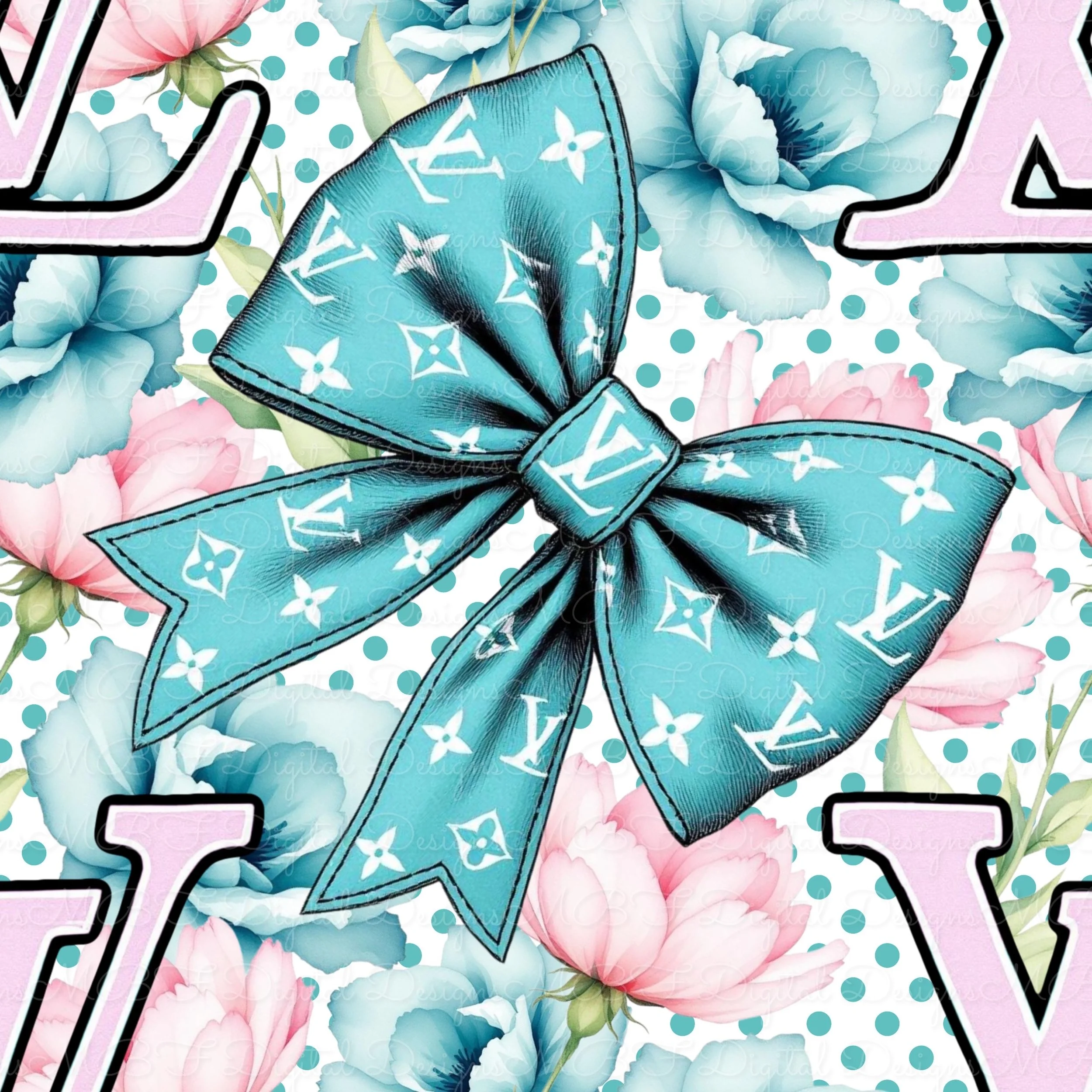 LV Florals and Bows (white with teal dots color way)