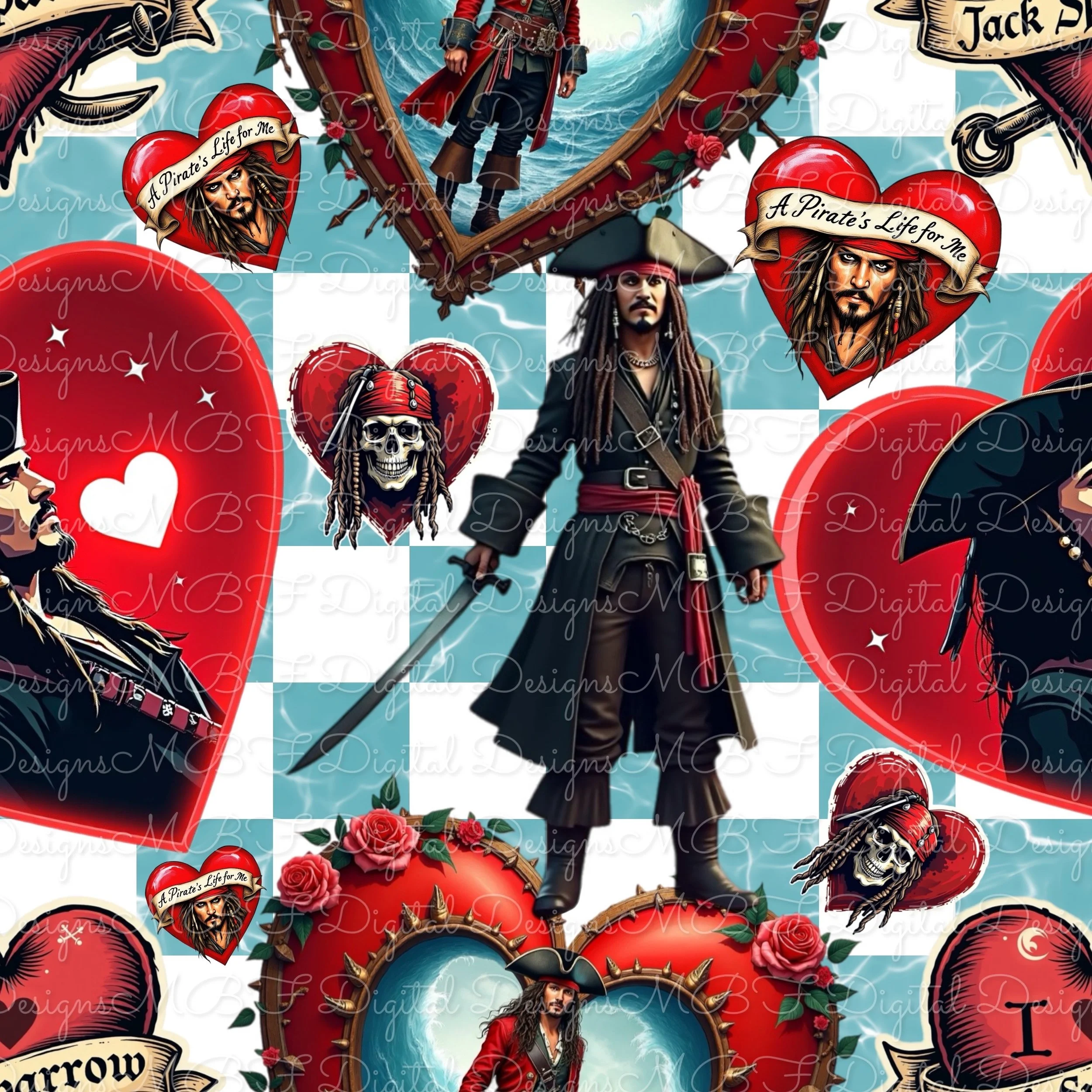Pirate Love (white and teal checked color way)