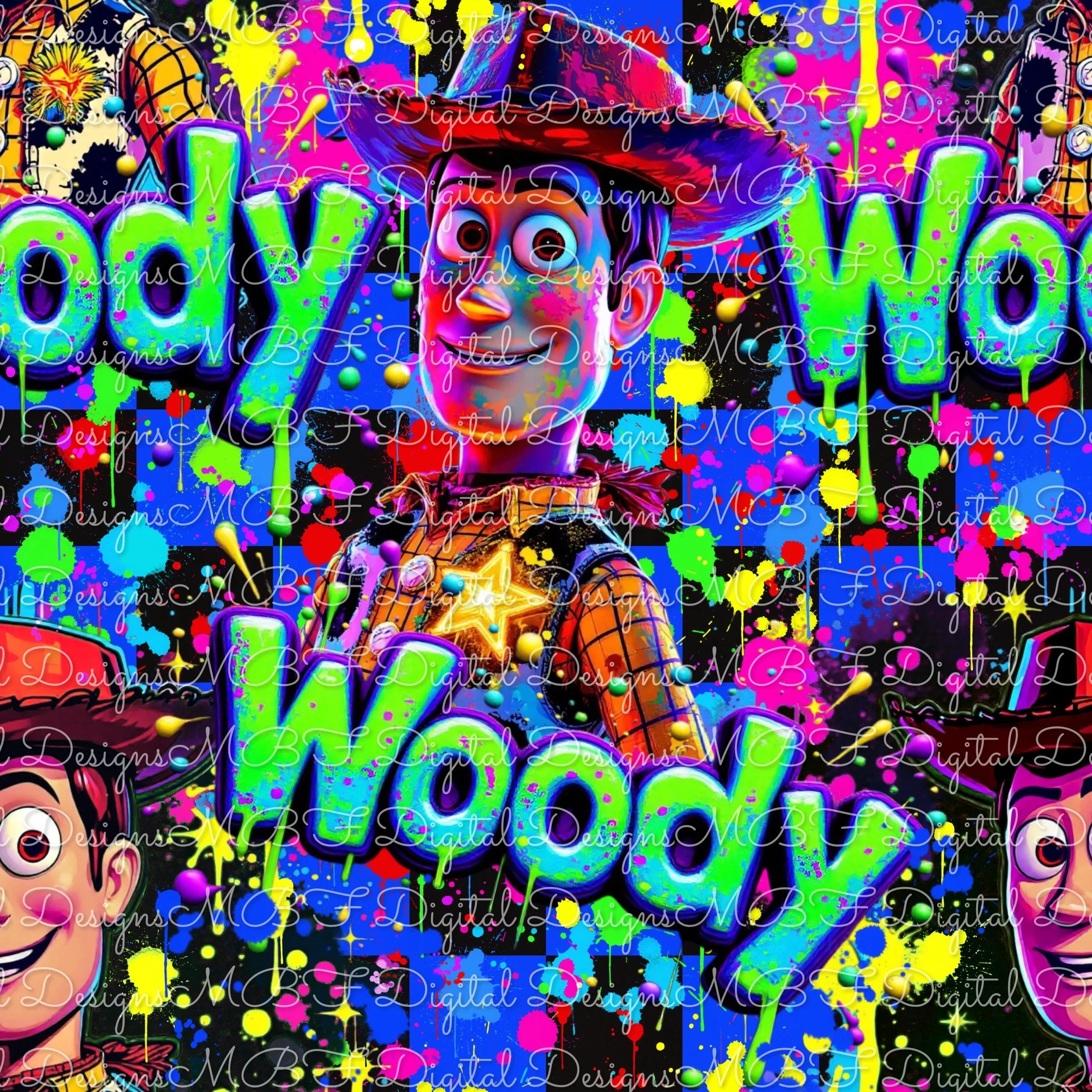Neon Splatter Woody (black and blue checked color way)
