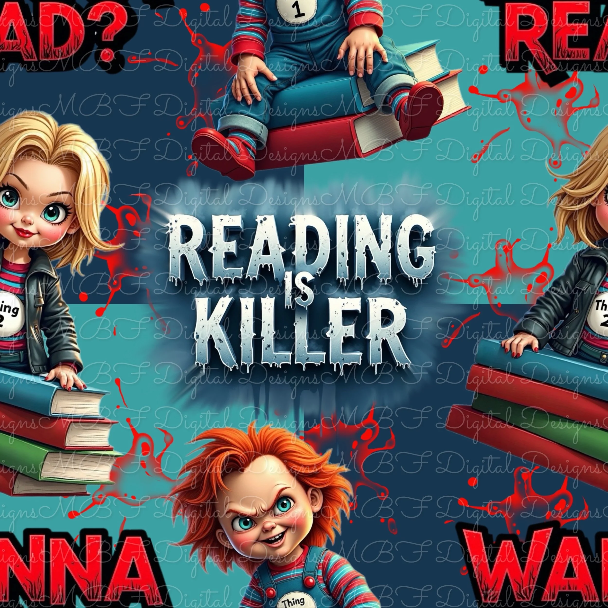 Reading Is Killer (light and dark teal checked color way)