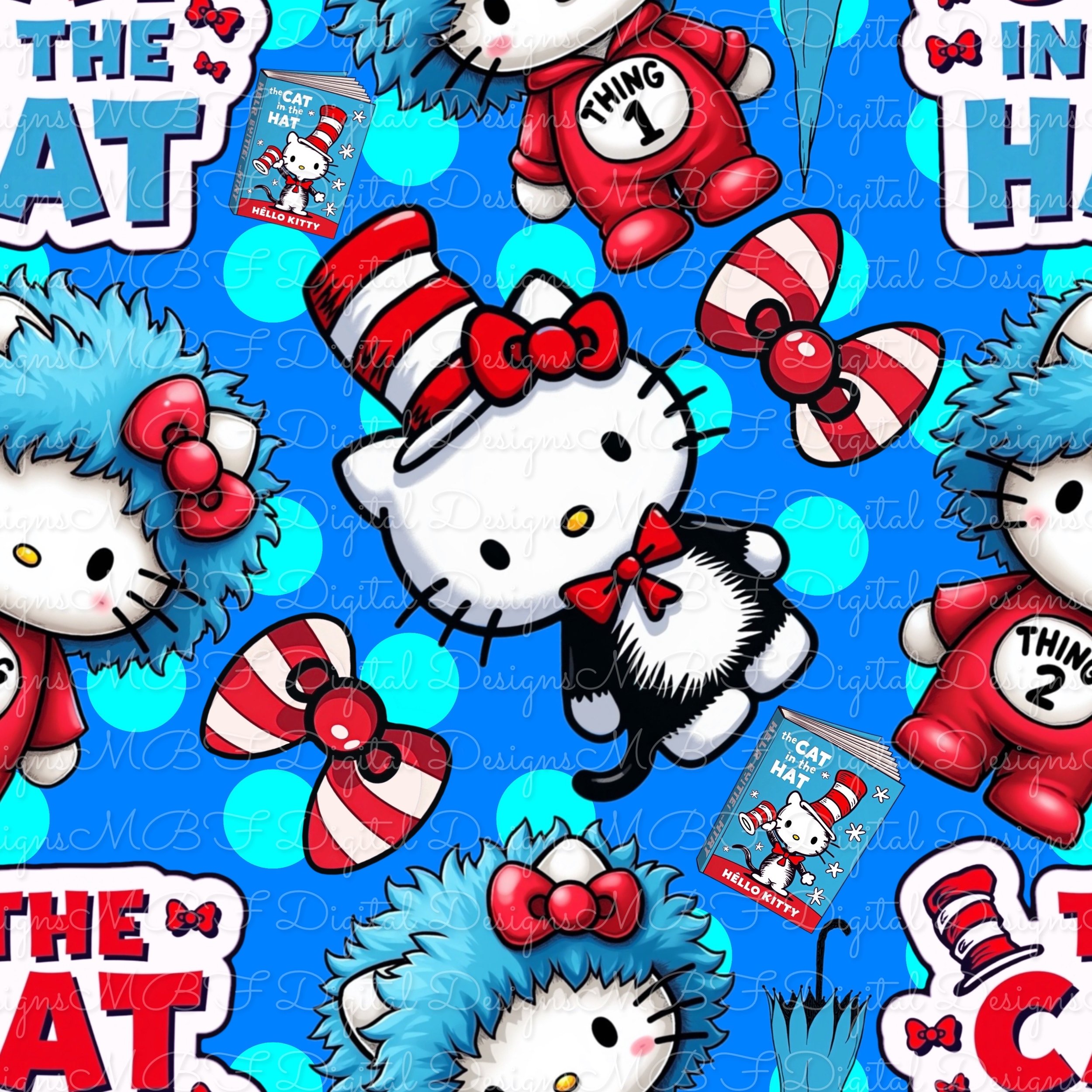 Hello Cat In Hat (bright blue/aqua polka dot color way)