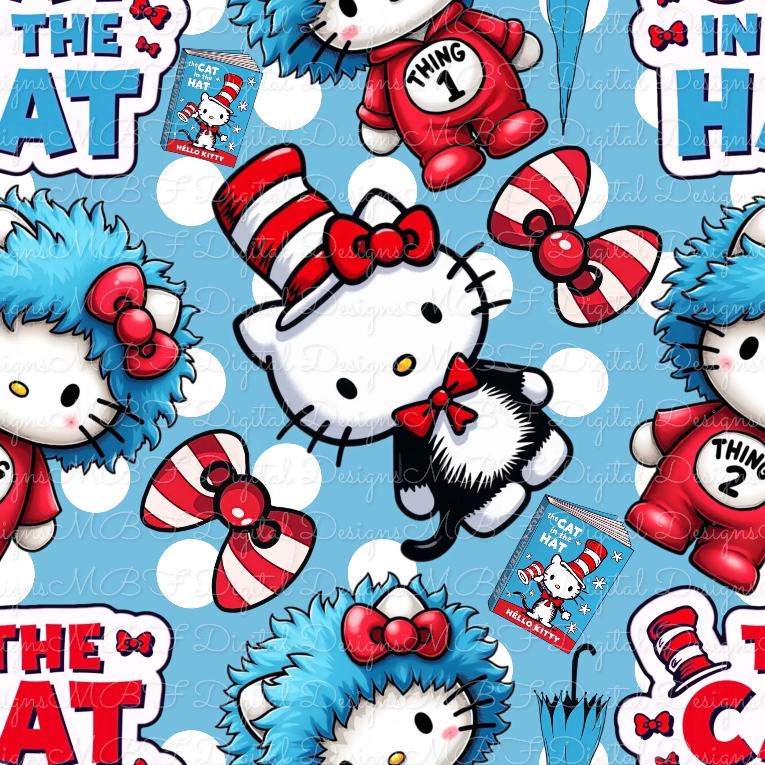 Hello Cat In Hat (med blue polka dot color way)
