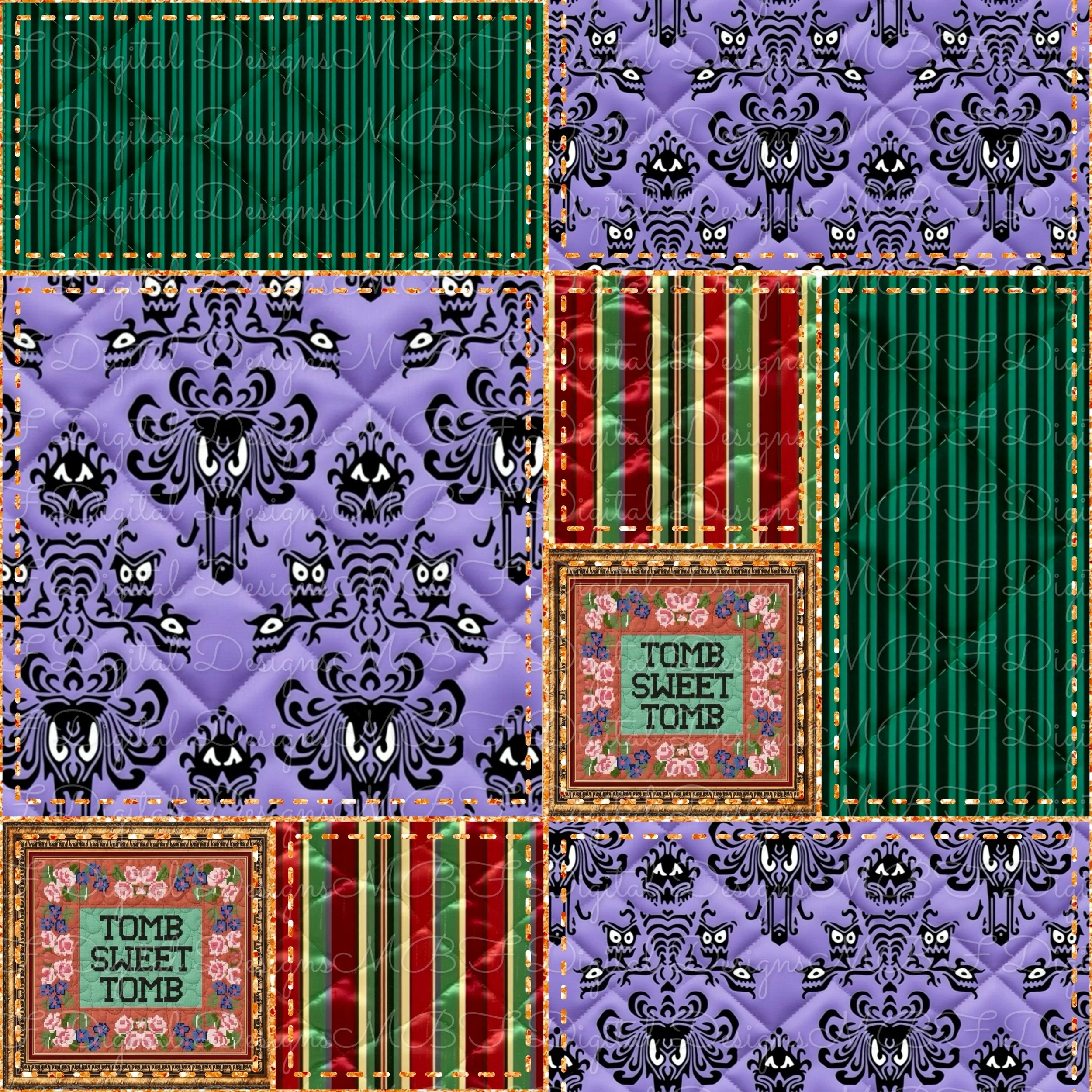 Haunted Mansion Walls Quilted Patchwork (gold glitter stitches color way)