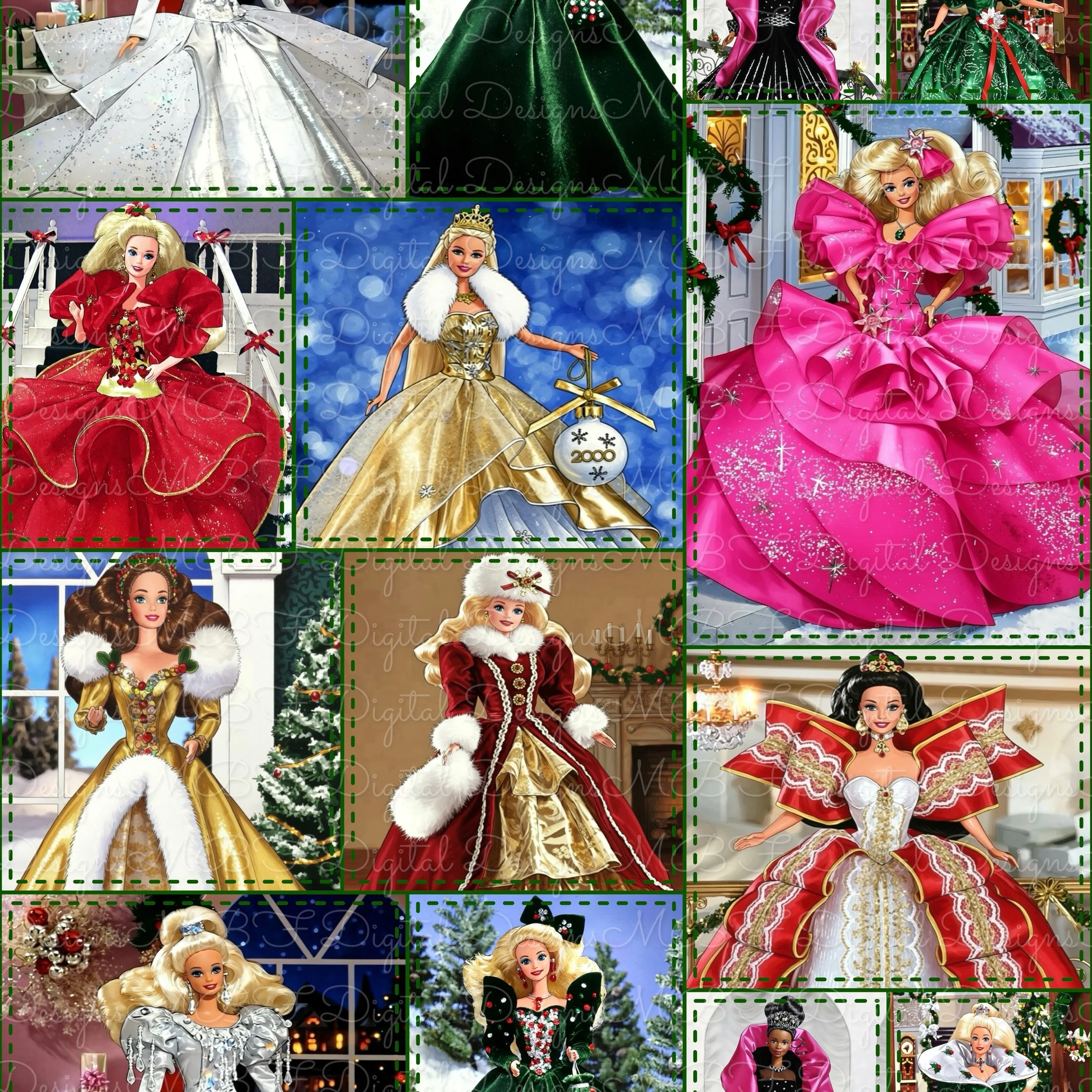 1990’s Holiday Barbie’s Patchwork (holly green stitch color way)