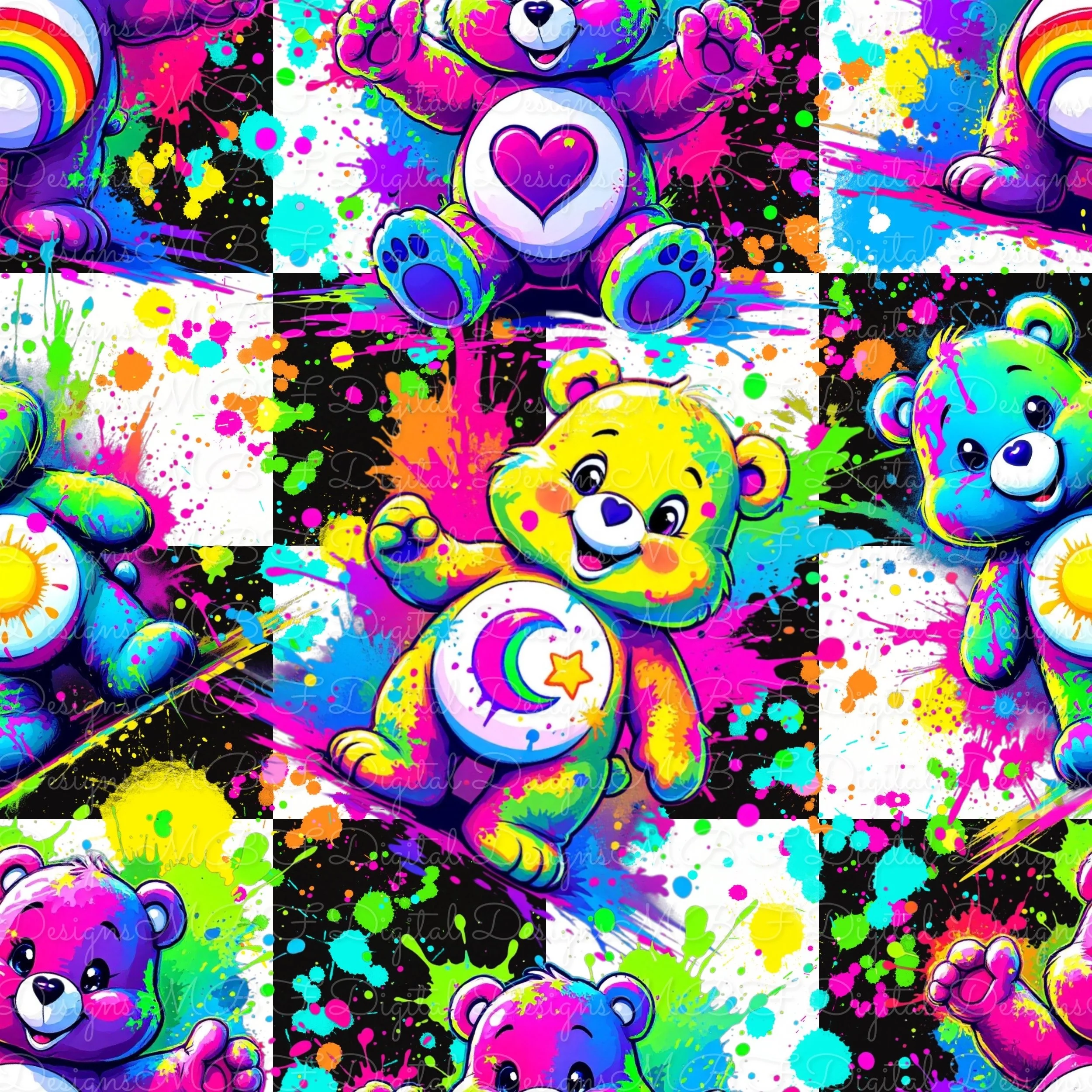 Neon Splatter Bears (black and white checked color way)