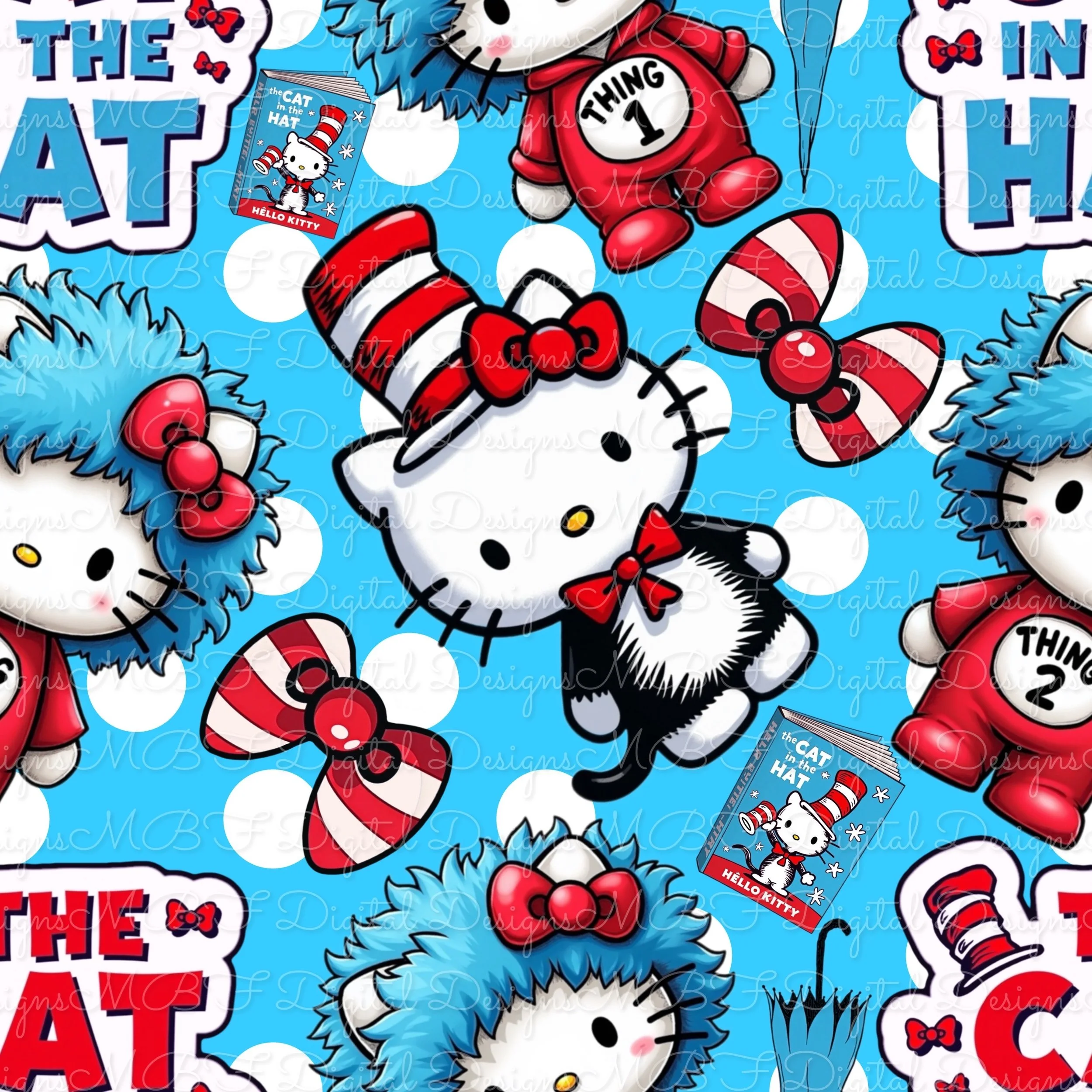 Hello Cat In Hat (bright blue polka dot color way)
