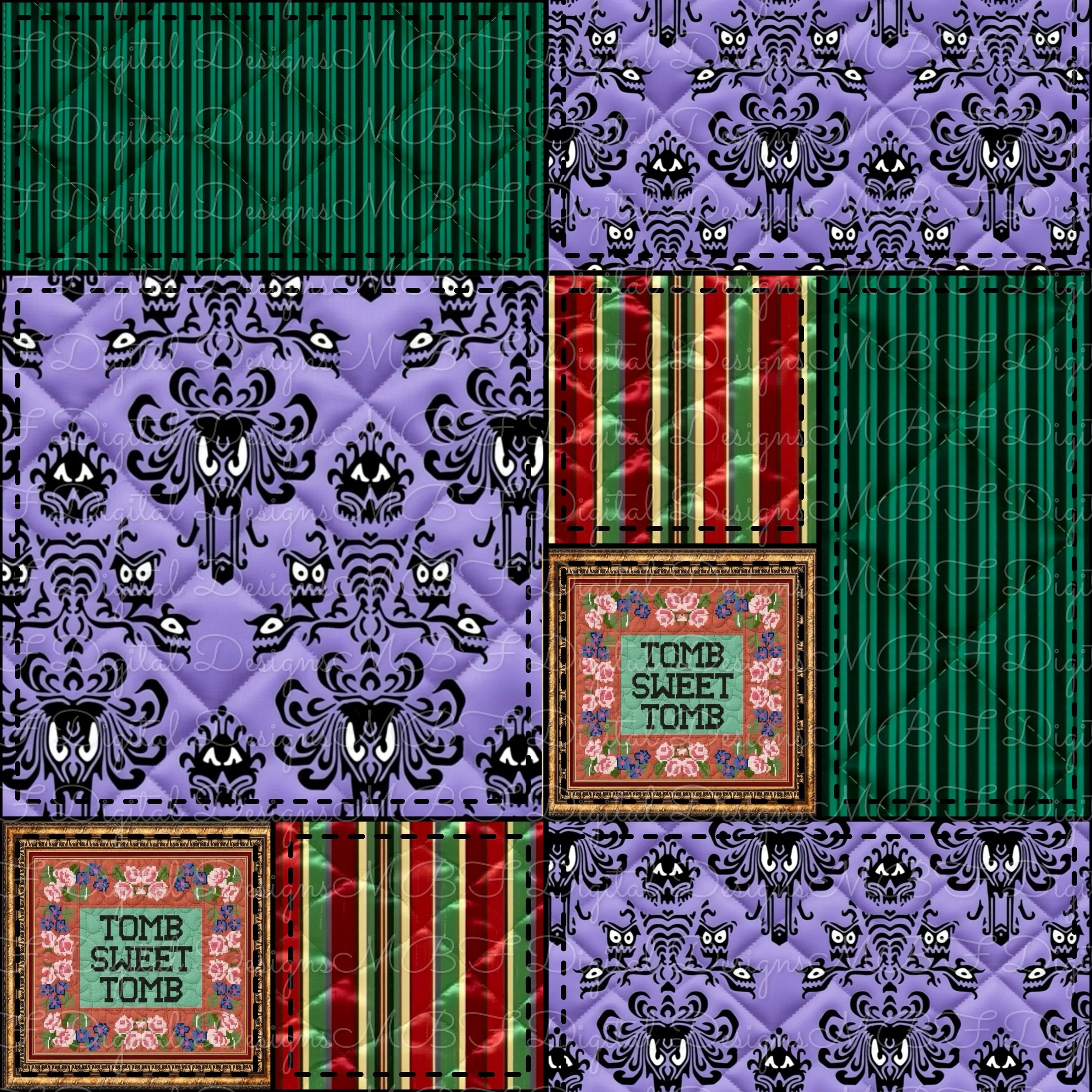 Haunted Mansion Walls Quilted Patchwork (black stitches color way)