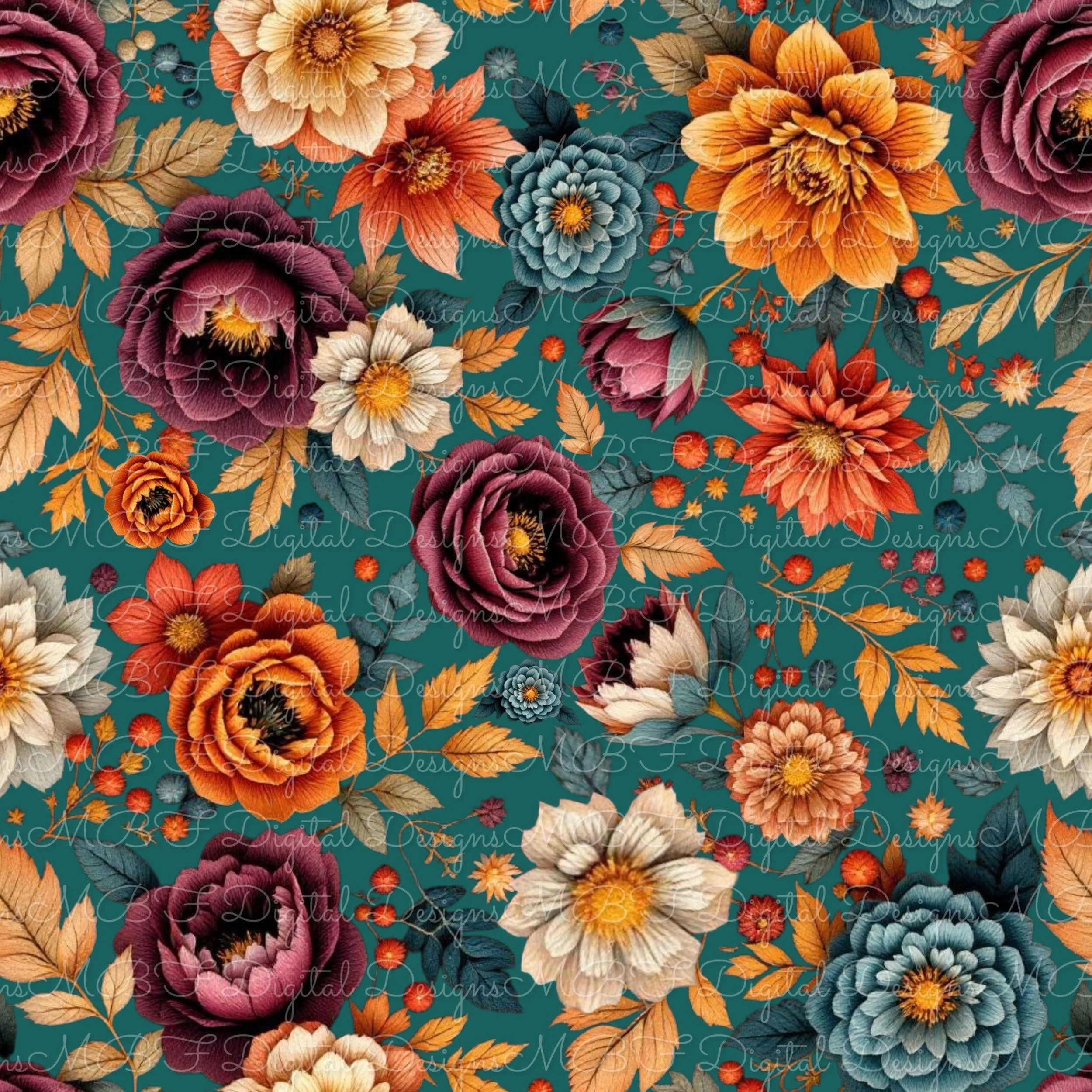 Crisp Fall Day Floral (deep teal color way)