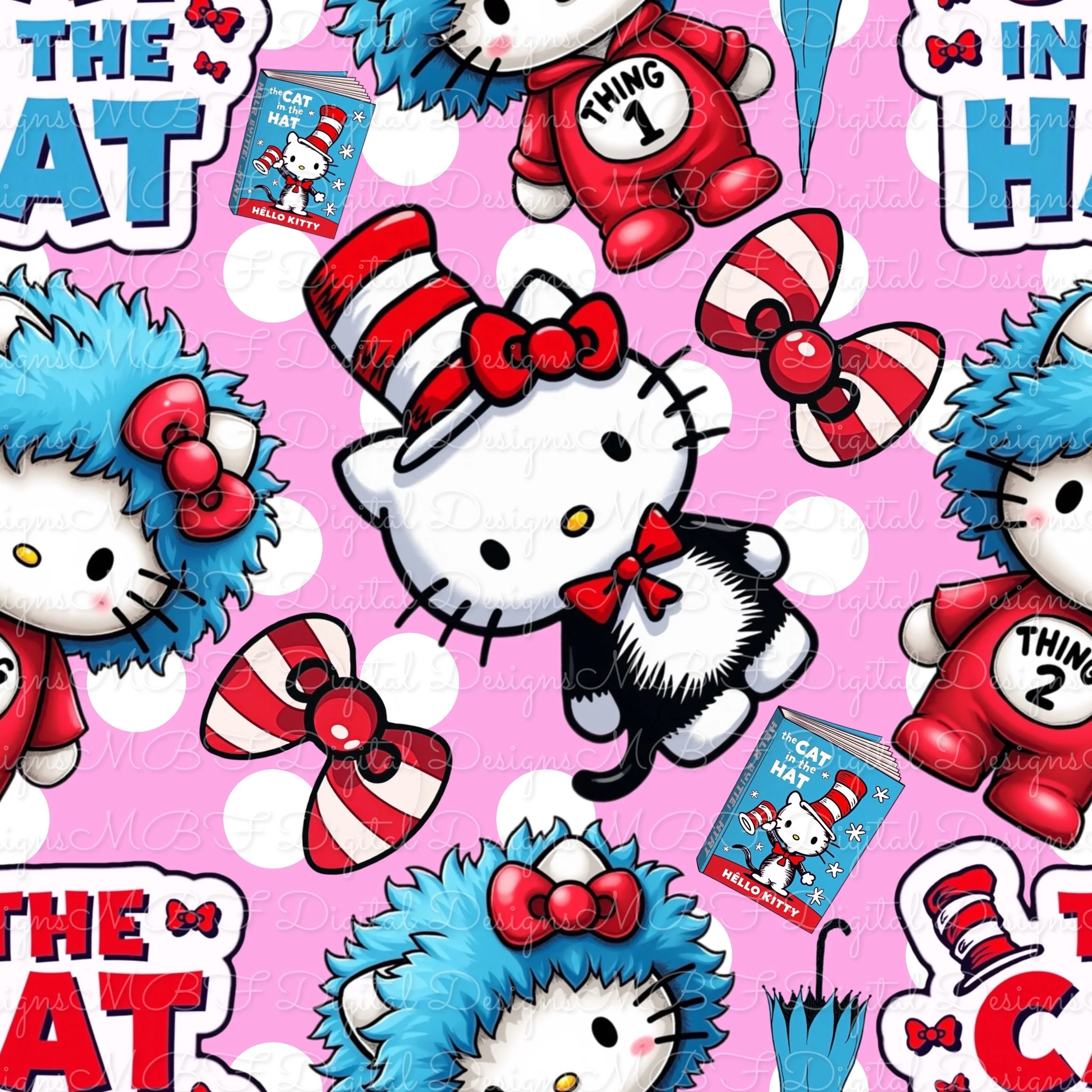 Hello Cat In Hat (pink/white polka dot color way)