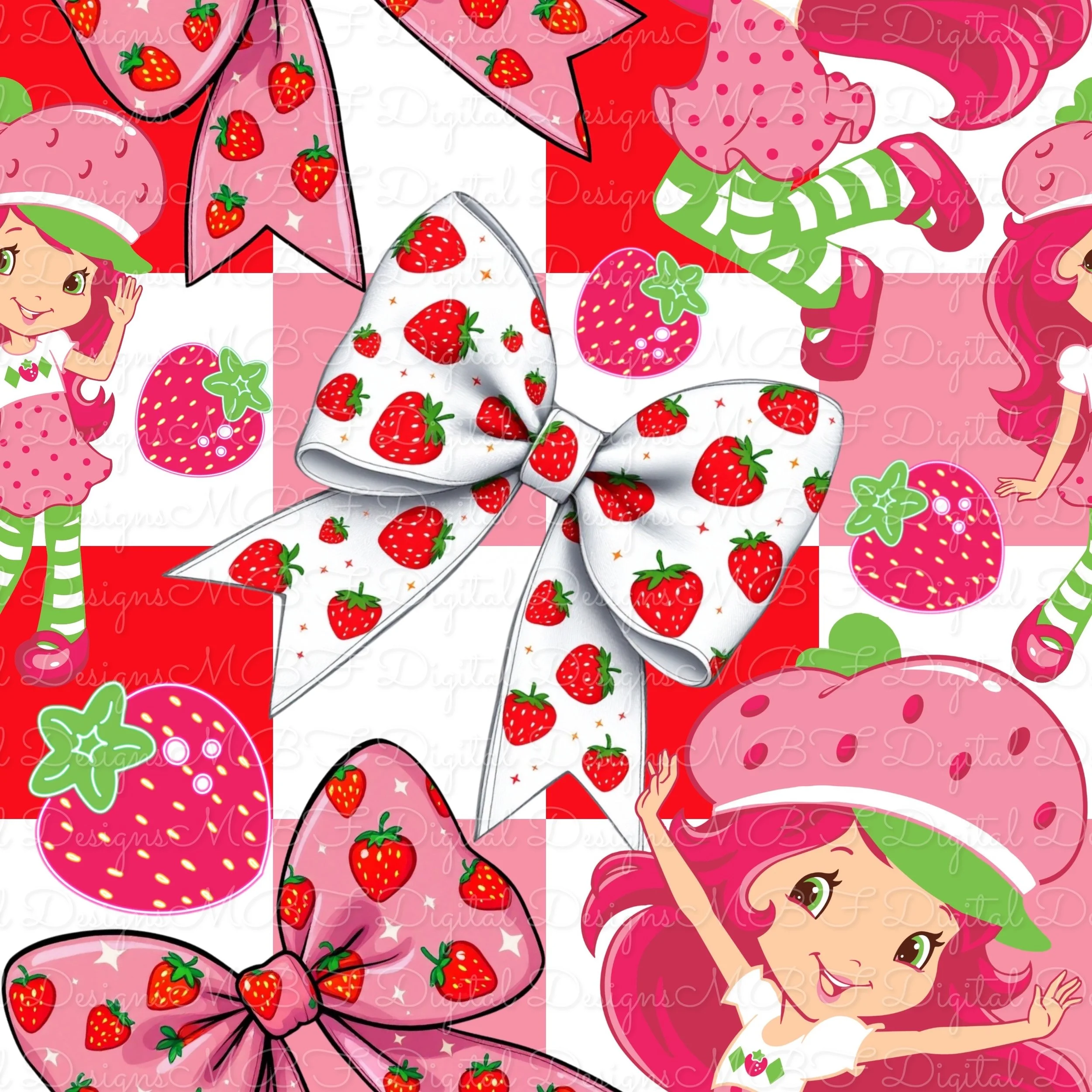 Strawberry Bows (pink, red and white checked color way)
